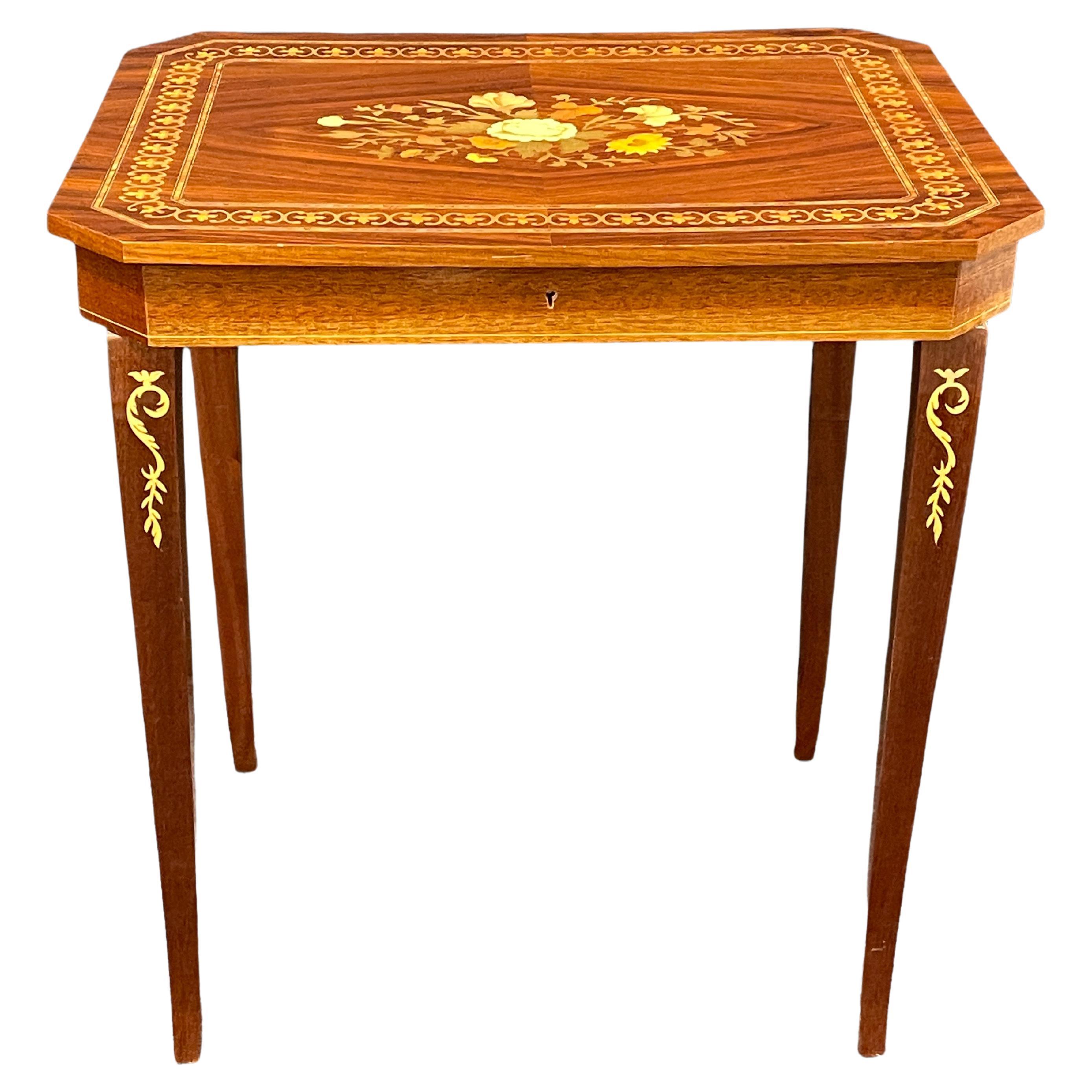 20th Century Small Inlaid Side Table with Jewelry Compartment and Music Box For Sale