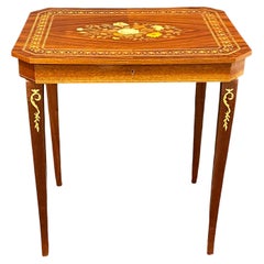 Antique 20th Century Small Inlaid Side Table with Jewelry Compartment and Music Box