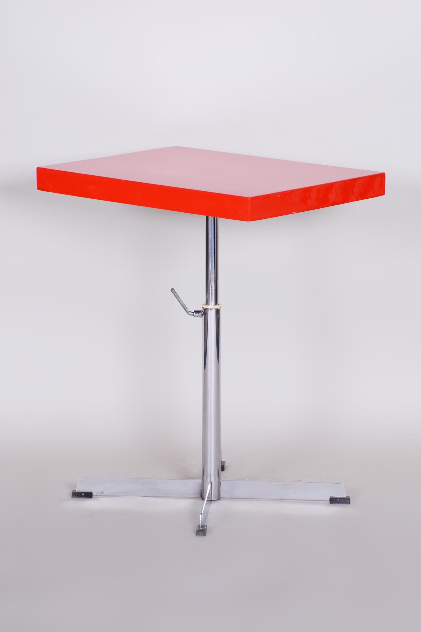 Czech 20th Century Small Restored Red Chrome Bauhaus Table, Adjustable Height, 1930s For Sale