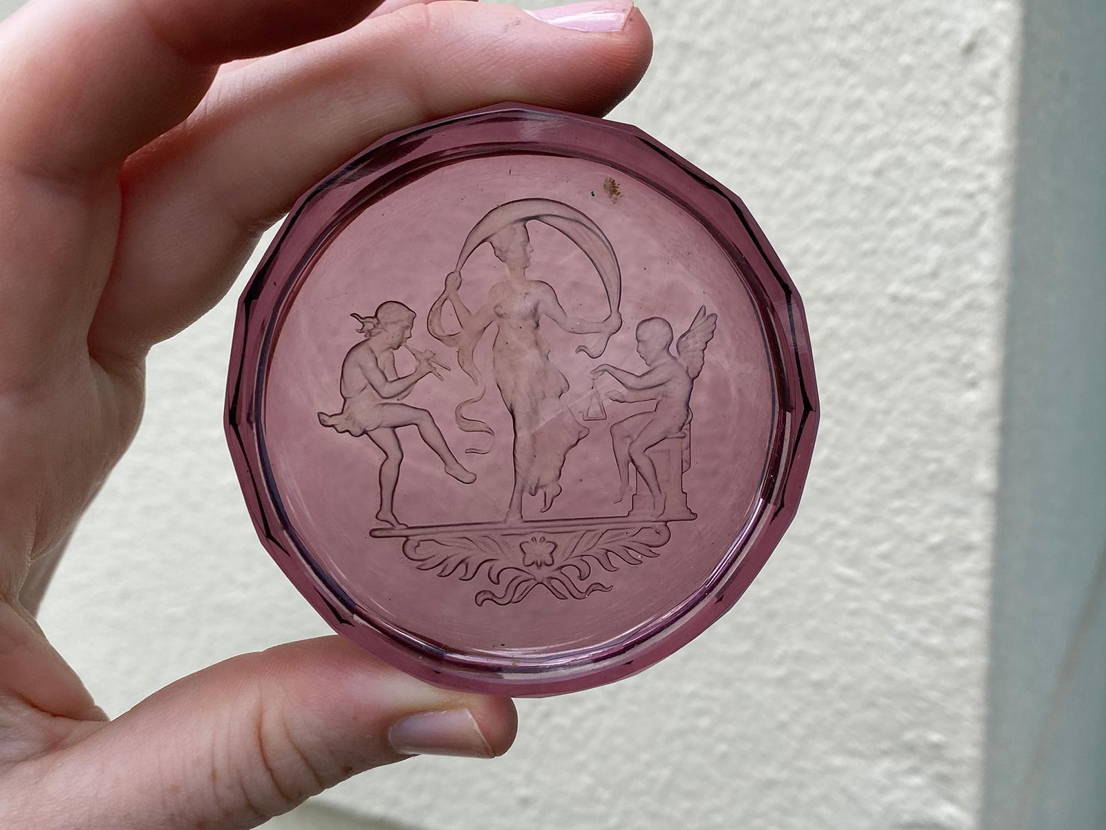 20th century small round neoclassical Amethyst gass Etched Intaglio dish.