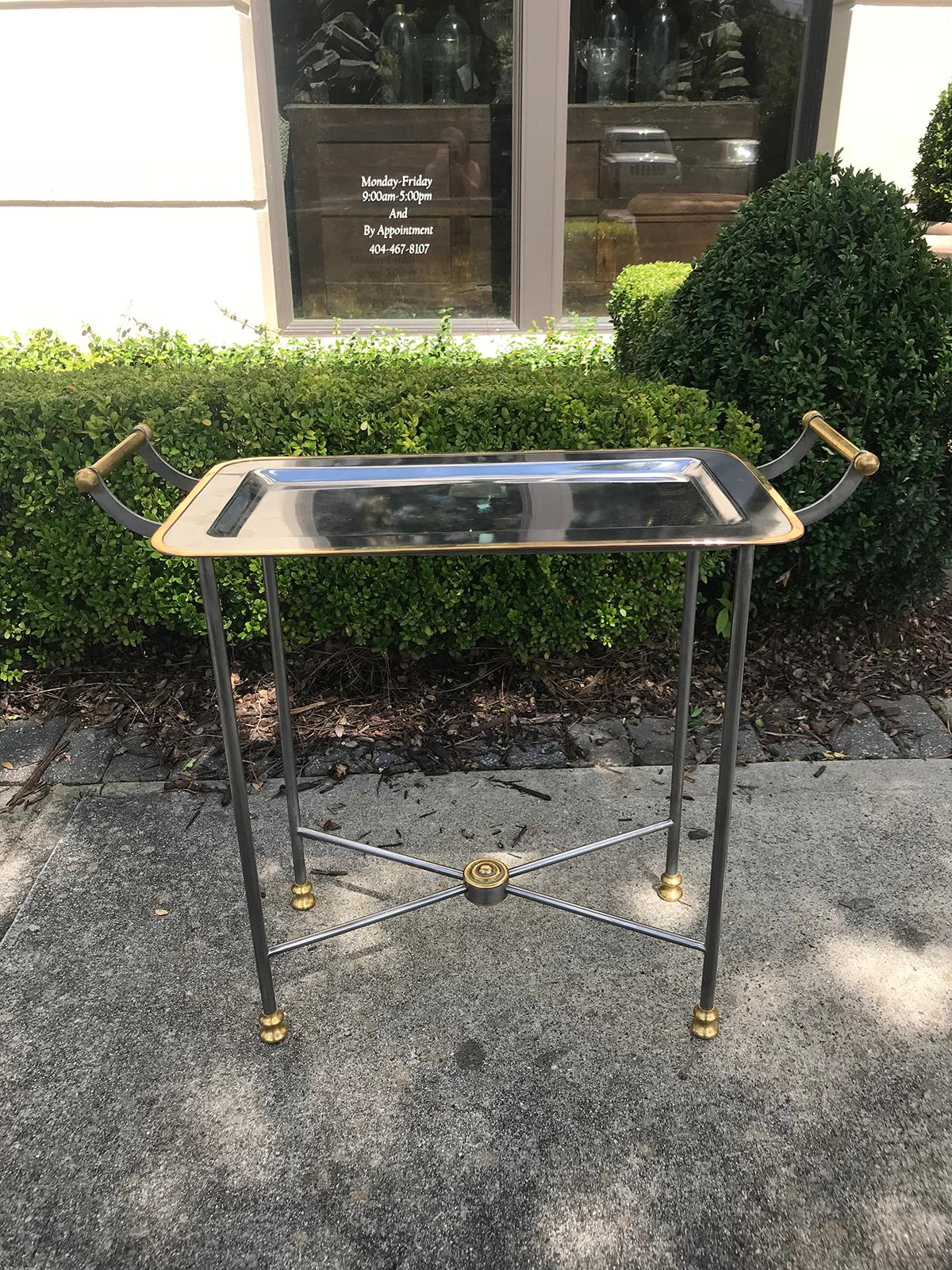 20th century small steel and brass tray side table.