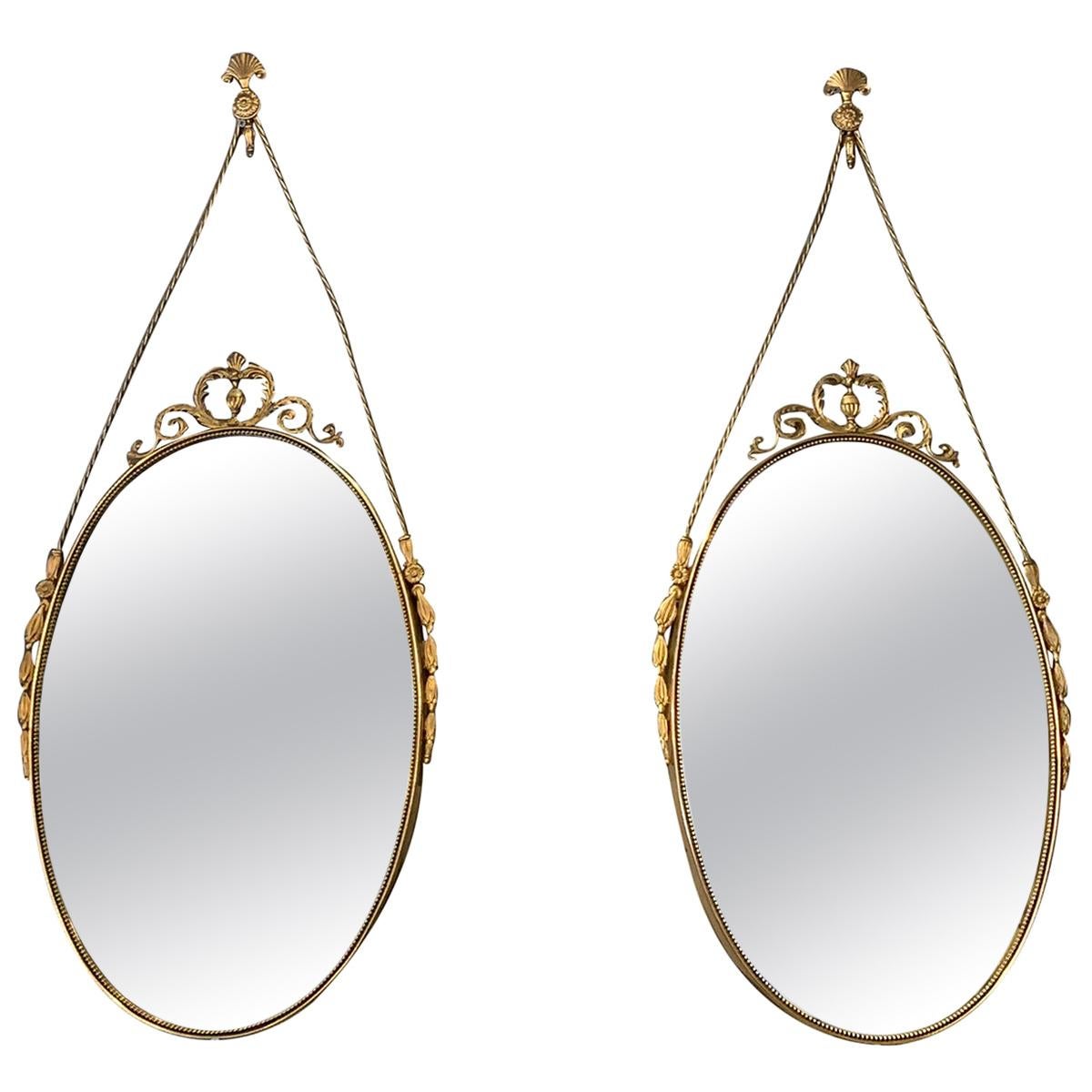 20th Century Small Swedish Pair of Oval Brass Wall Mirrors