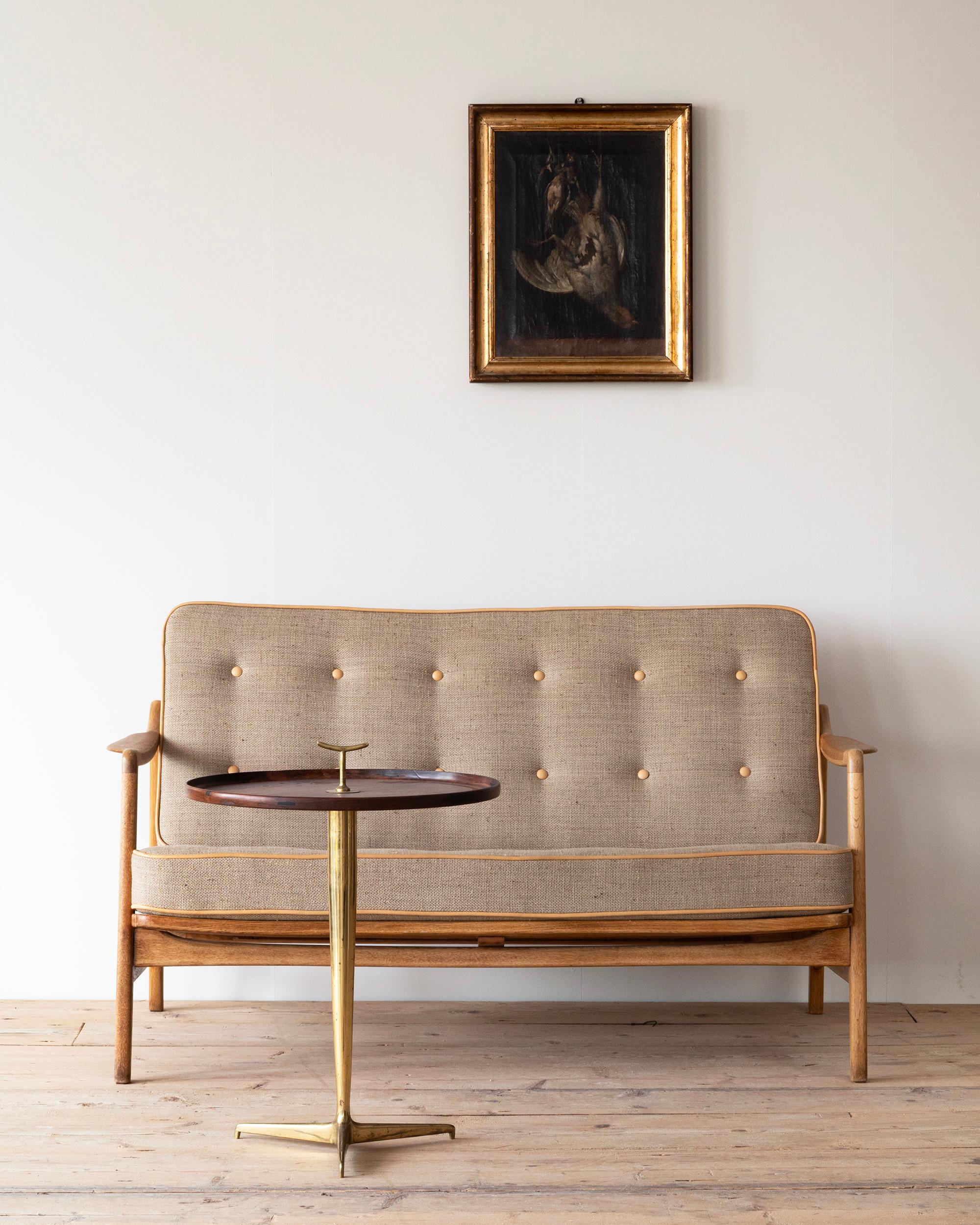 20th Mid-century two person sofa by Tove & Edvard Kindt Larsen for France & Daverkosen, model 117 in oak and teak with new upholstery. Denmark 1950s
