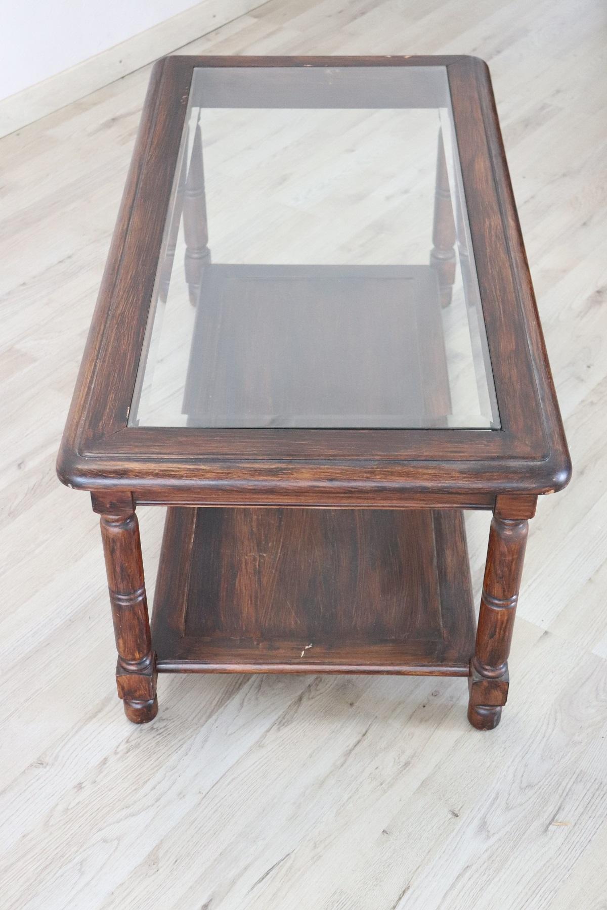 Rare and fine quality 1950s rectangular sofa table or coffee table. The table in precious poplar wood with four turned legs. The top is in glass. Perfect condition ready to be placed in your beautiful home.