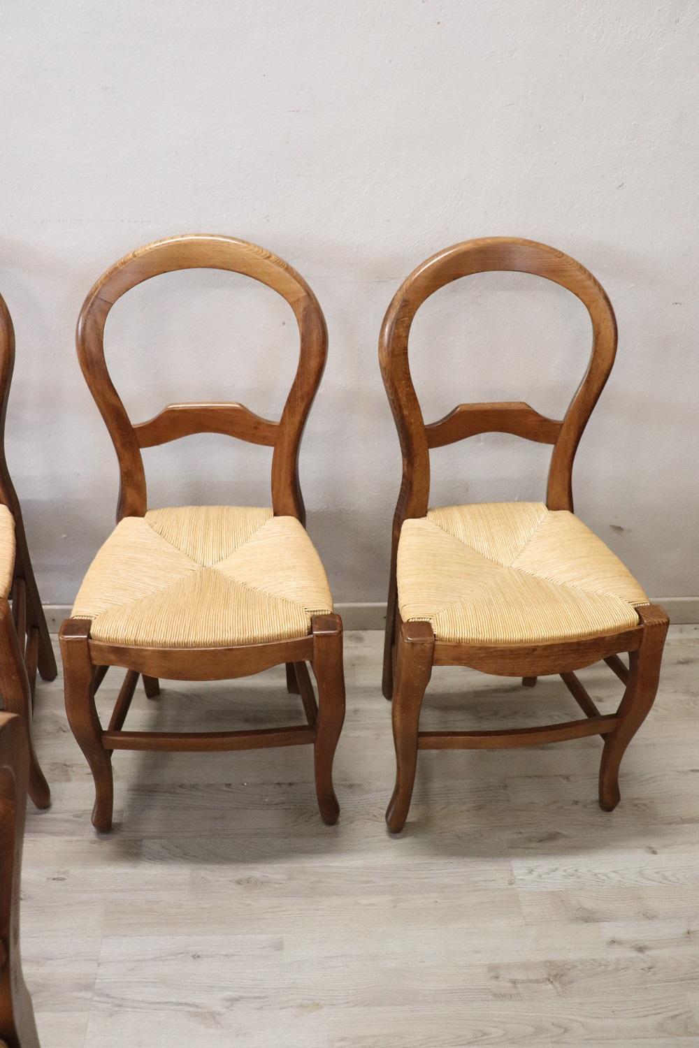 French 20th Century Solid Beech Wood Set of Six Chairs with Straw Seat