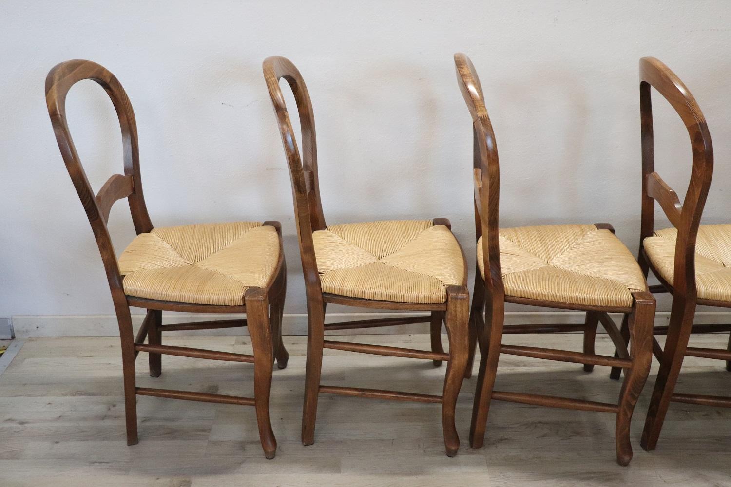 Mid-20th Century 20th Century Solid Beech Wood Set of Six Chairs with Straw Seat