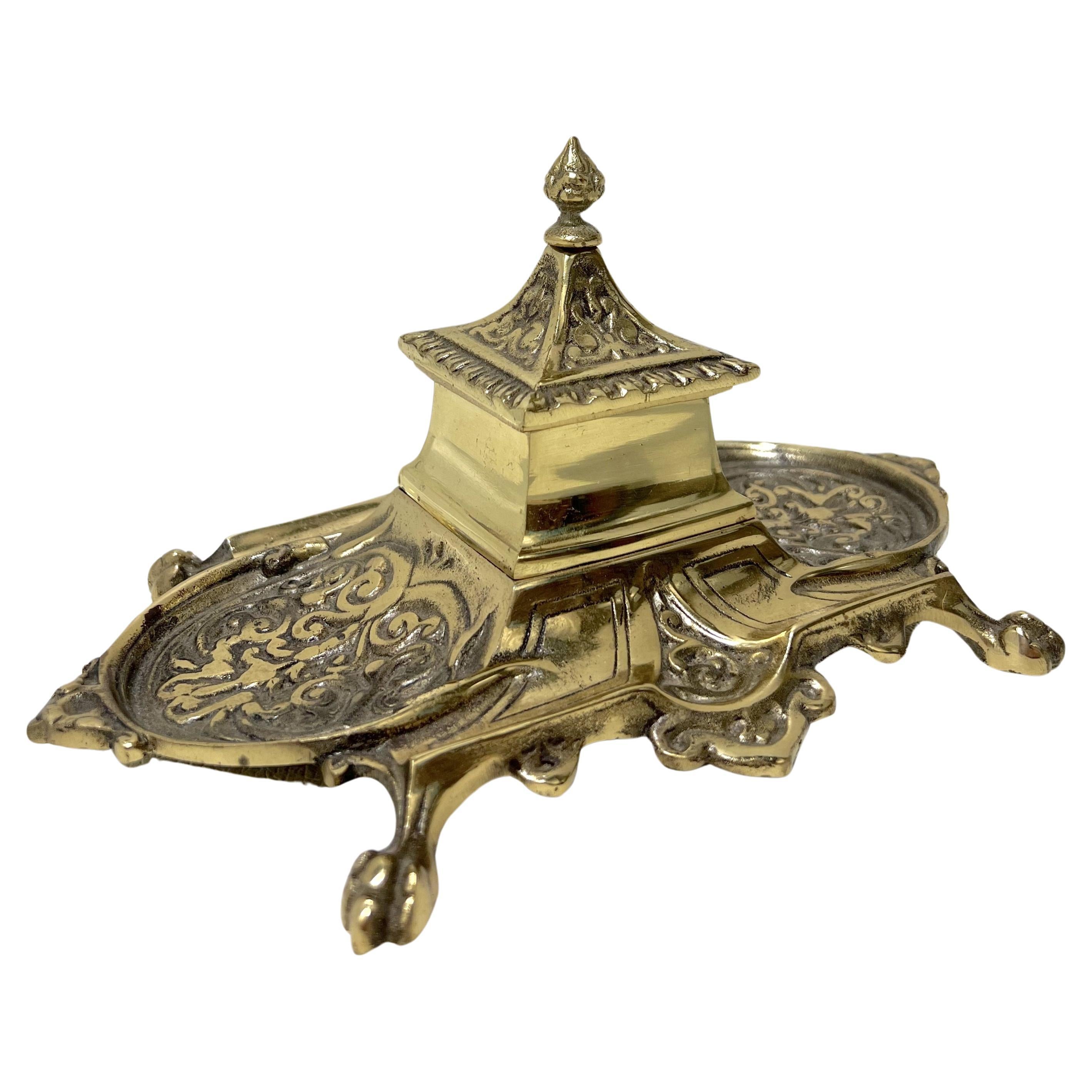20th Century Solid Brass Japanese Pagoda Inkwell For Sale