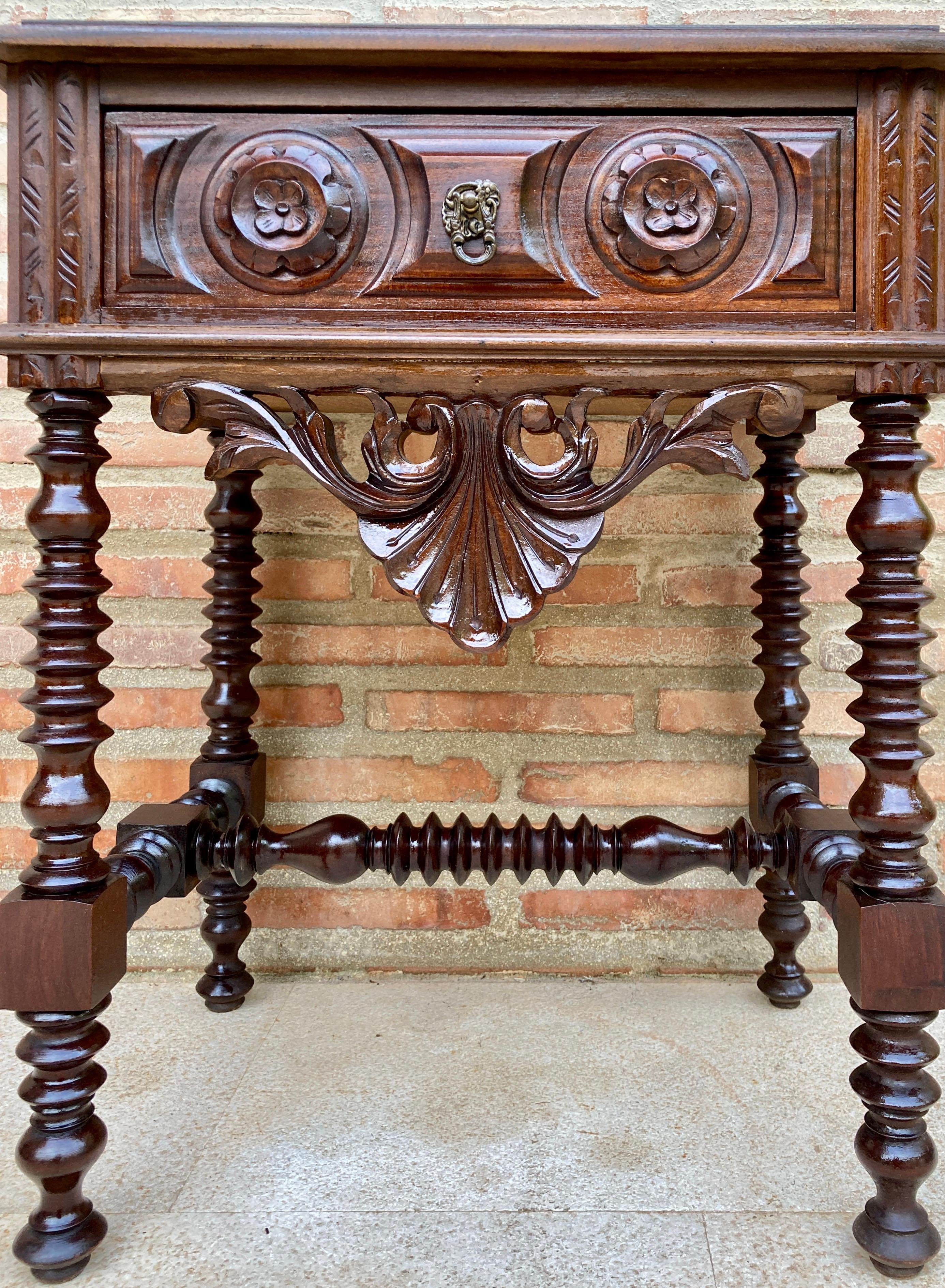 Walnut 20th Century Solid Carved French Nightstands with Turned Columns and One Drawer  For Sale