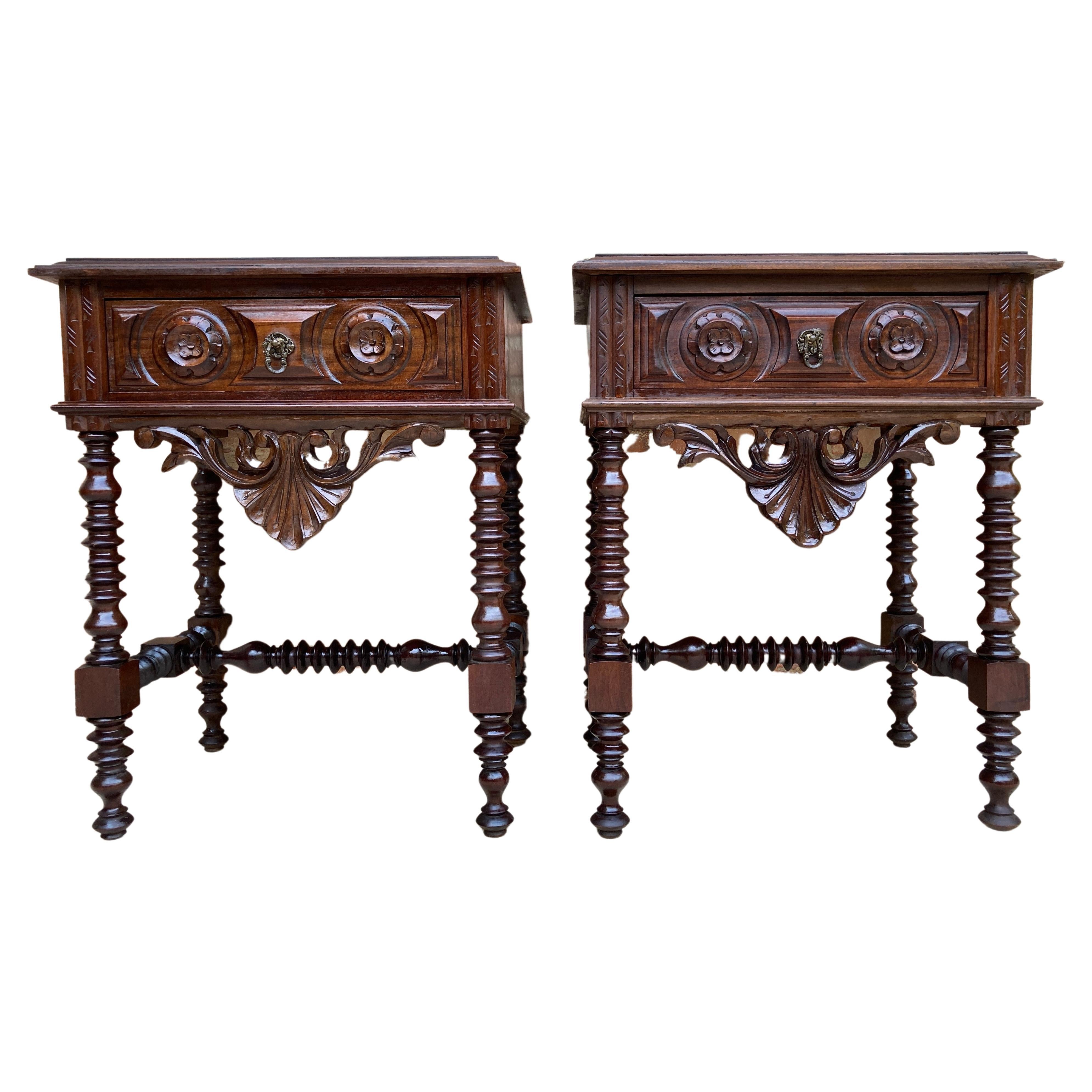 20th Century Solid Carved French Nightstands with Turned Columns and One Drawer 