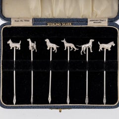 20th Century Solid Silver 6 Cased Cocktail Picks, Dog Breeds, c.1934