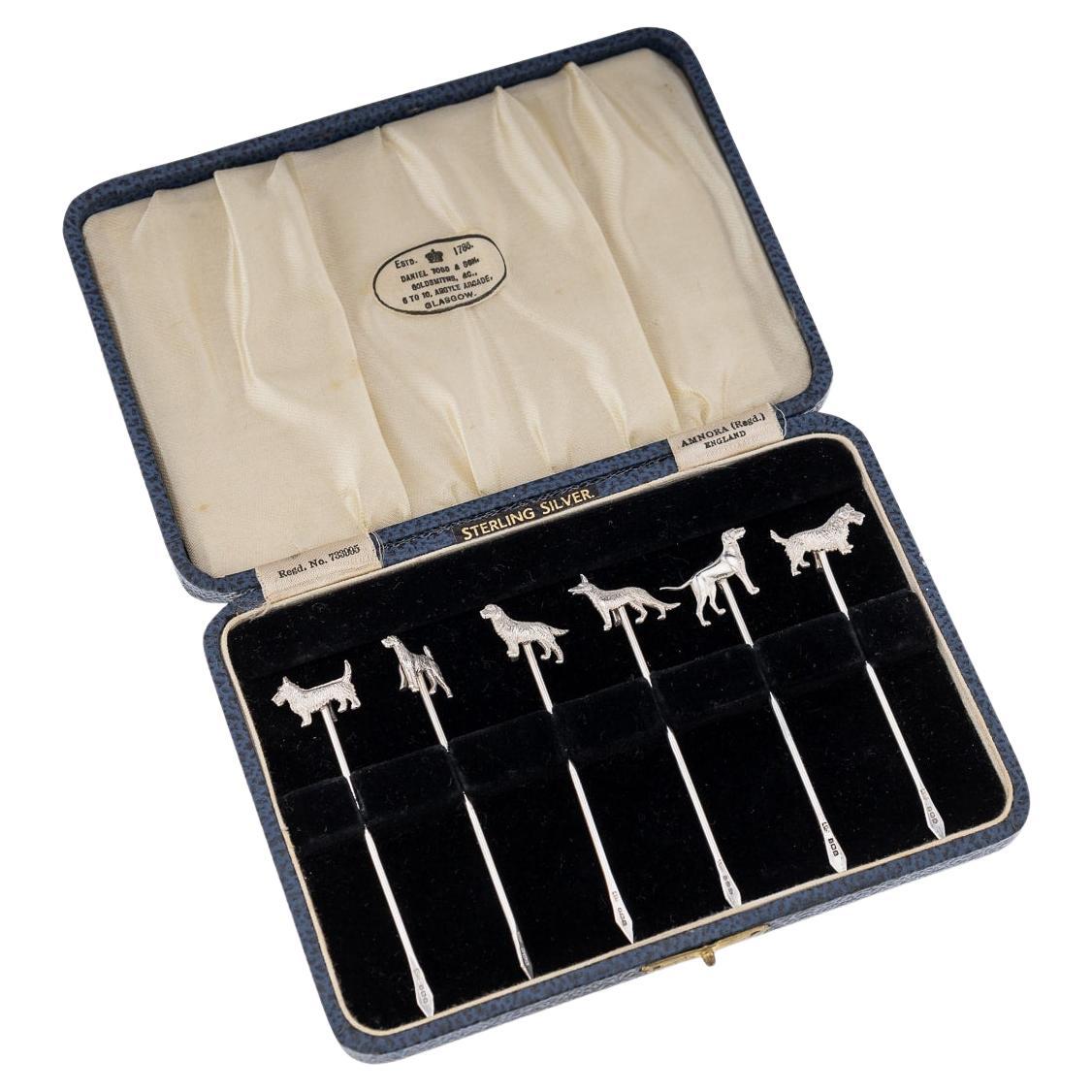 20th Century Solid Silver 6 Cased Cocktail Picks, Dog Breeds, c.1934
