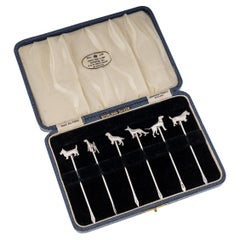 20th Century Solid Silver 6 Cased Cocktail Picks, Dog Breeds, c.1934