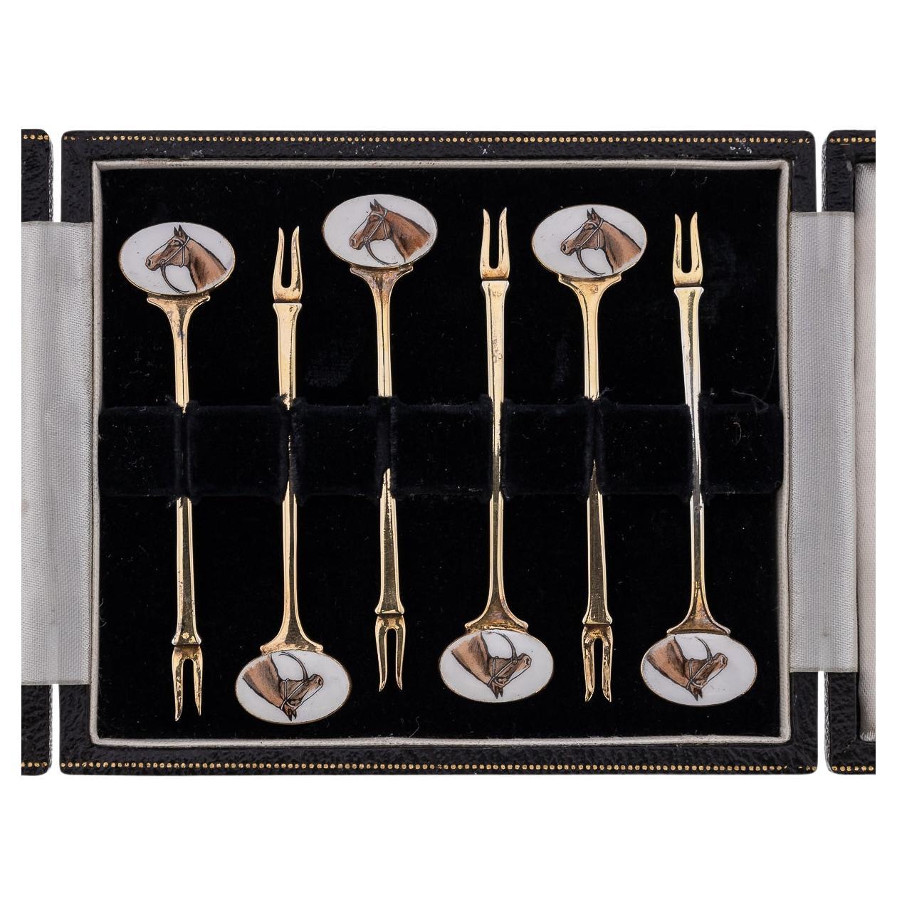 20th Century Solid Silver 6 Cased Cocktail Picks, Horse Racing, c.1960