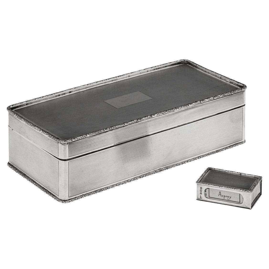20th Century Solid Silver Cigar Box & Match Box Holder, London, c.1947 For Sale