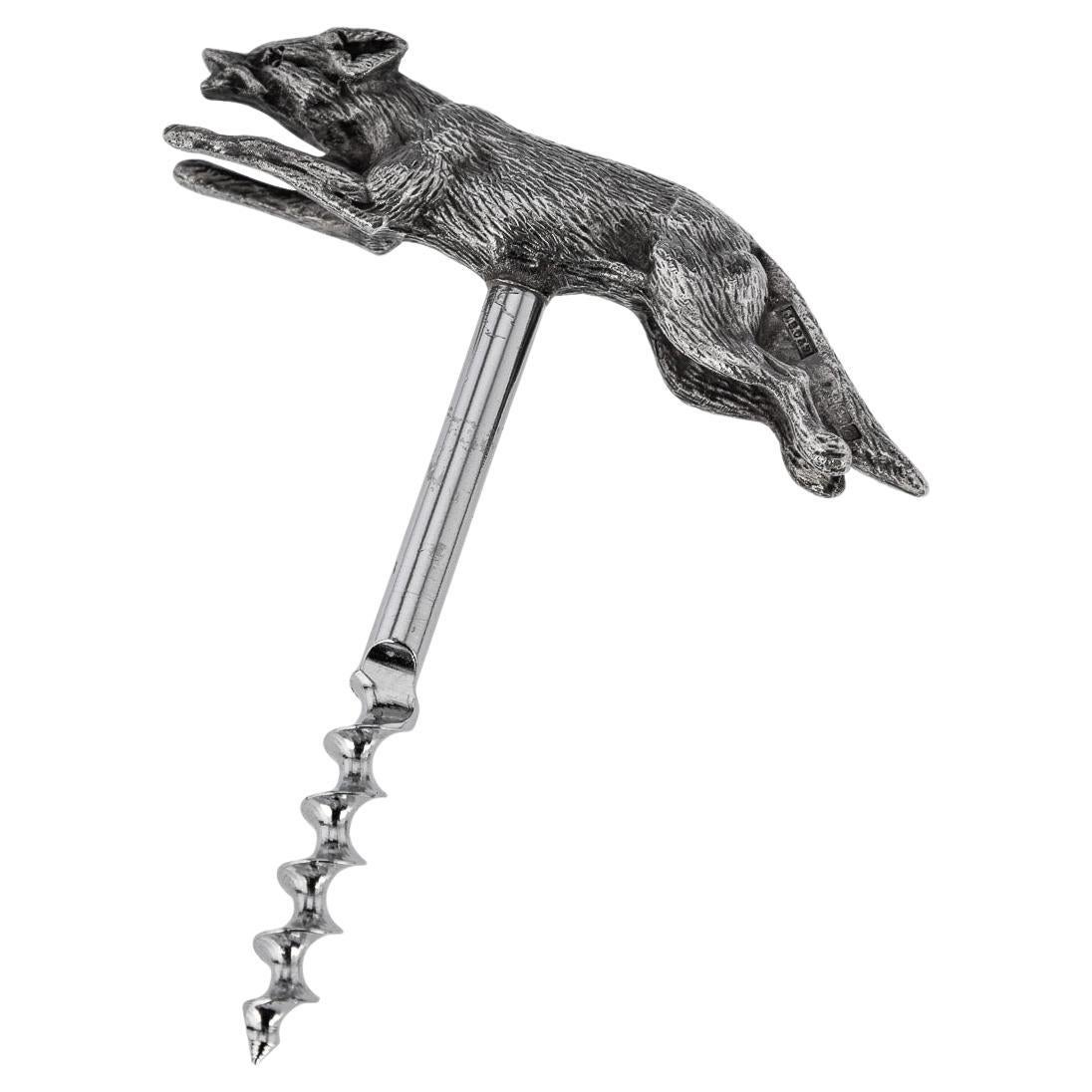 20th Century Solid Silver Corkscrew In The Shape Of A Fox, England, c.1976