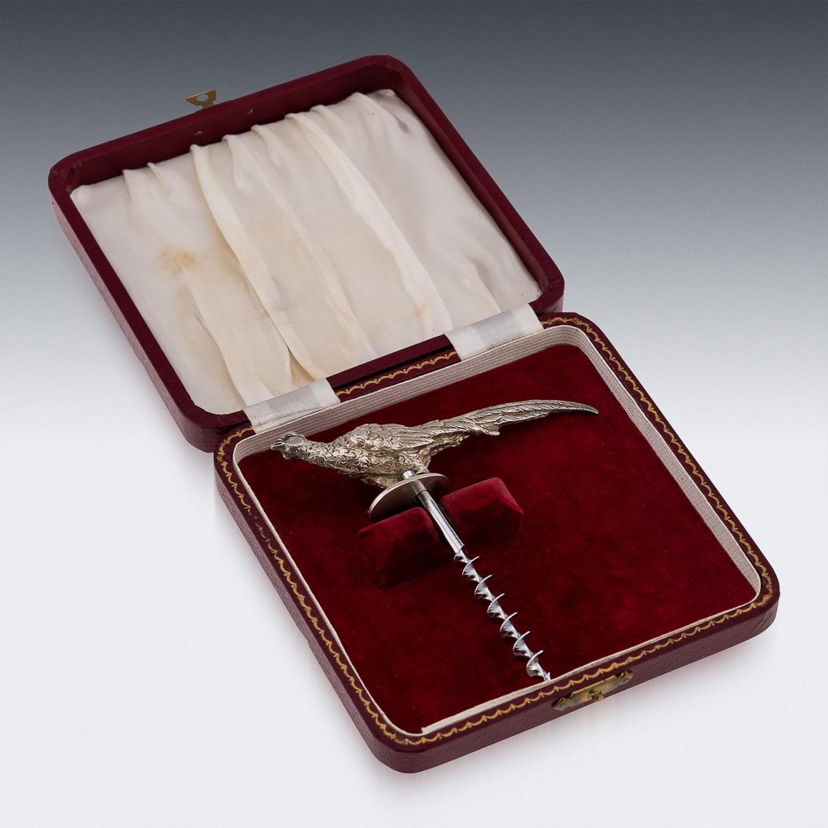 English 20th Century Solid Silver Corkscrew In The Shape Of A Pheasant, England, c.1991 For Sale