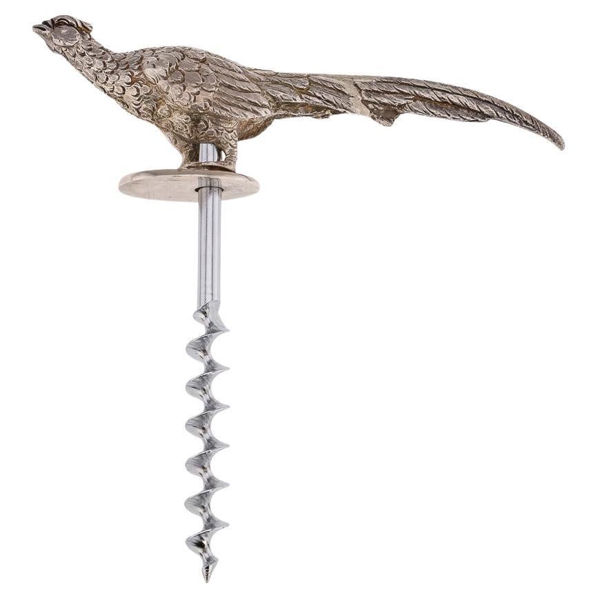 20th Century Solid Silver Corkscrew In The Shape Of A Pheasant, England, c.1991 For Sale