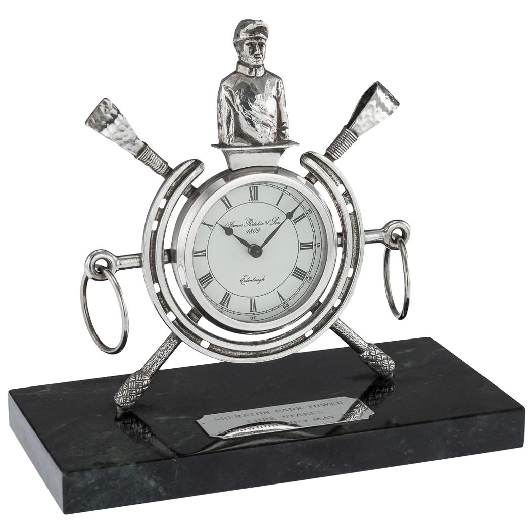 20th Century Solid Silver Horse Racing Clock, Edinburgh, circa 1983 For Sale
