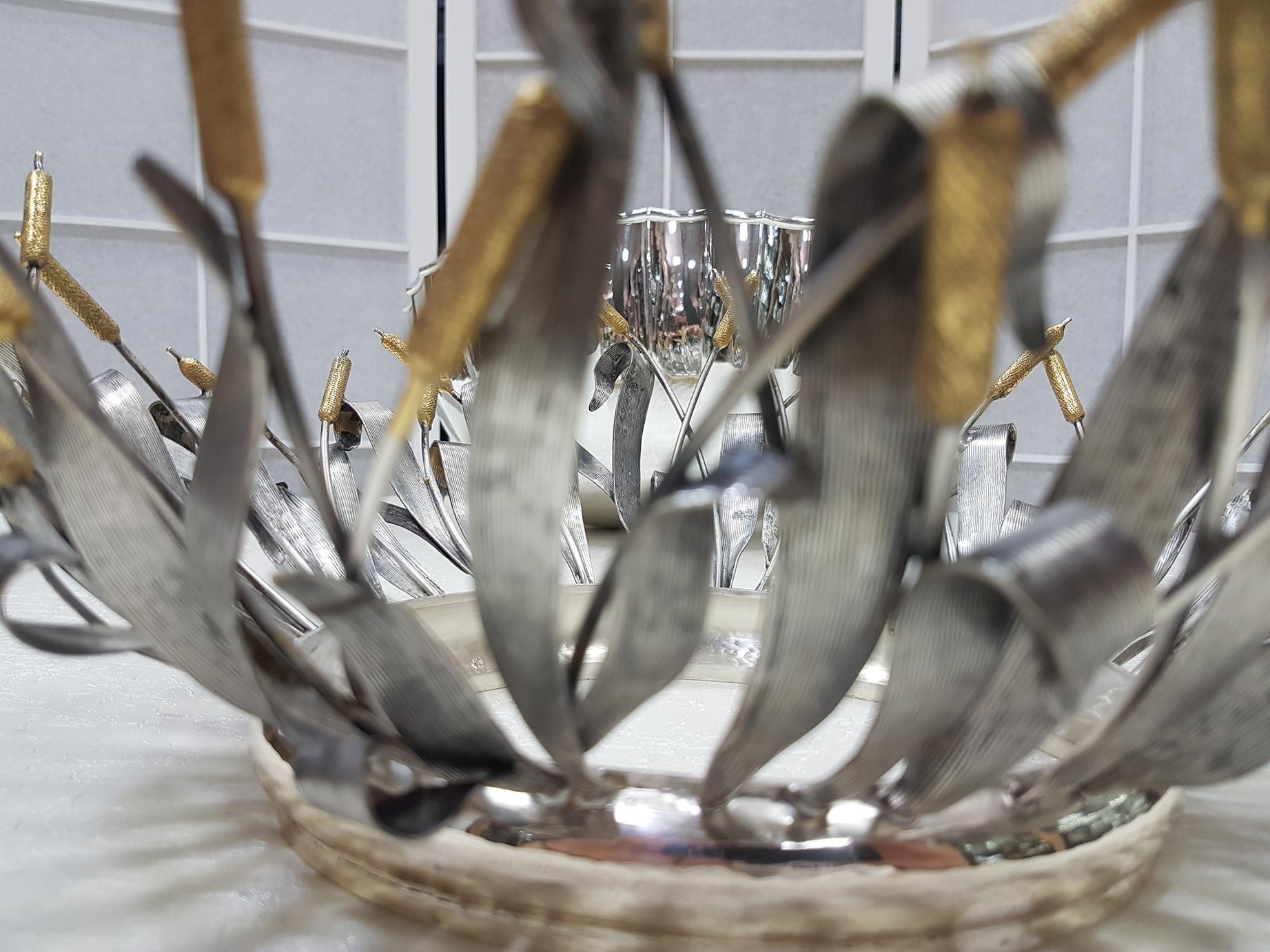 20th Century Solid Silver Italian Handmade Centrepiece with Decorations For Sale 10