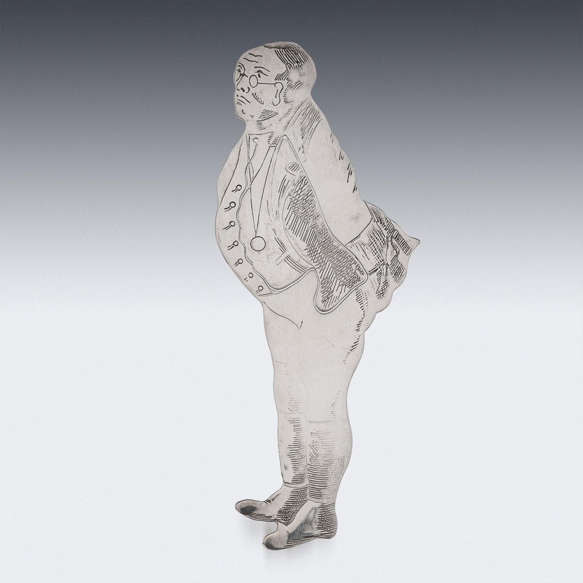A superb late 20th Century English solid silver novelty bookmark. This bookmark depicts a gentleman called Samuel Pickwick. Samuel Pickwick is a fictional character and the main protagonist in The Pickwick Papers (1836), the first novel by author