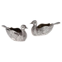 20th Century Solid Silver Pair Of Duck Shaped Salts & Spoons, London c.1982
