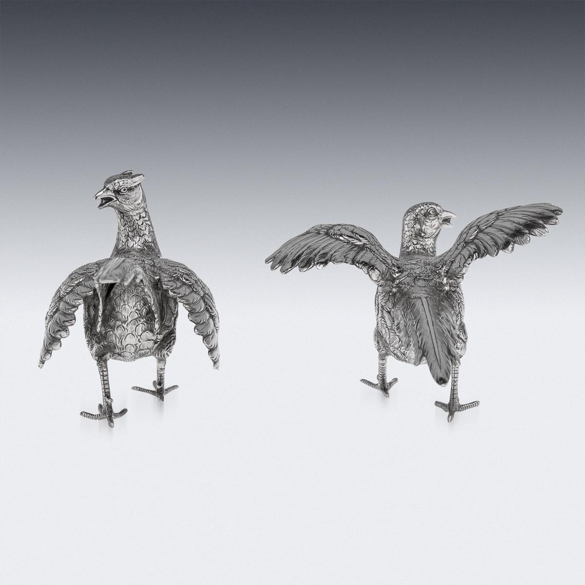 British 20th Century Solid Silver Pair of Pheasant Ornamental Statues, c.1965