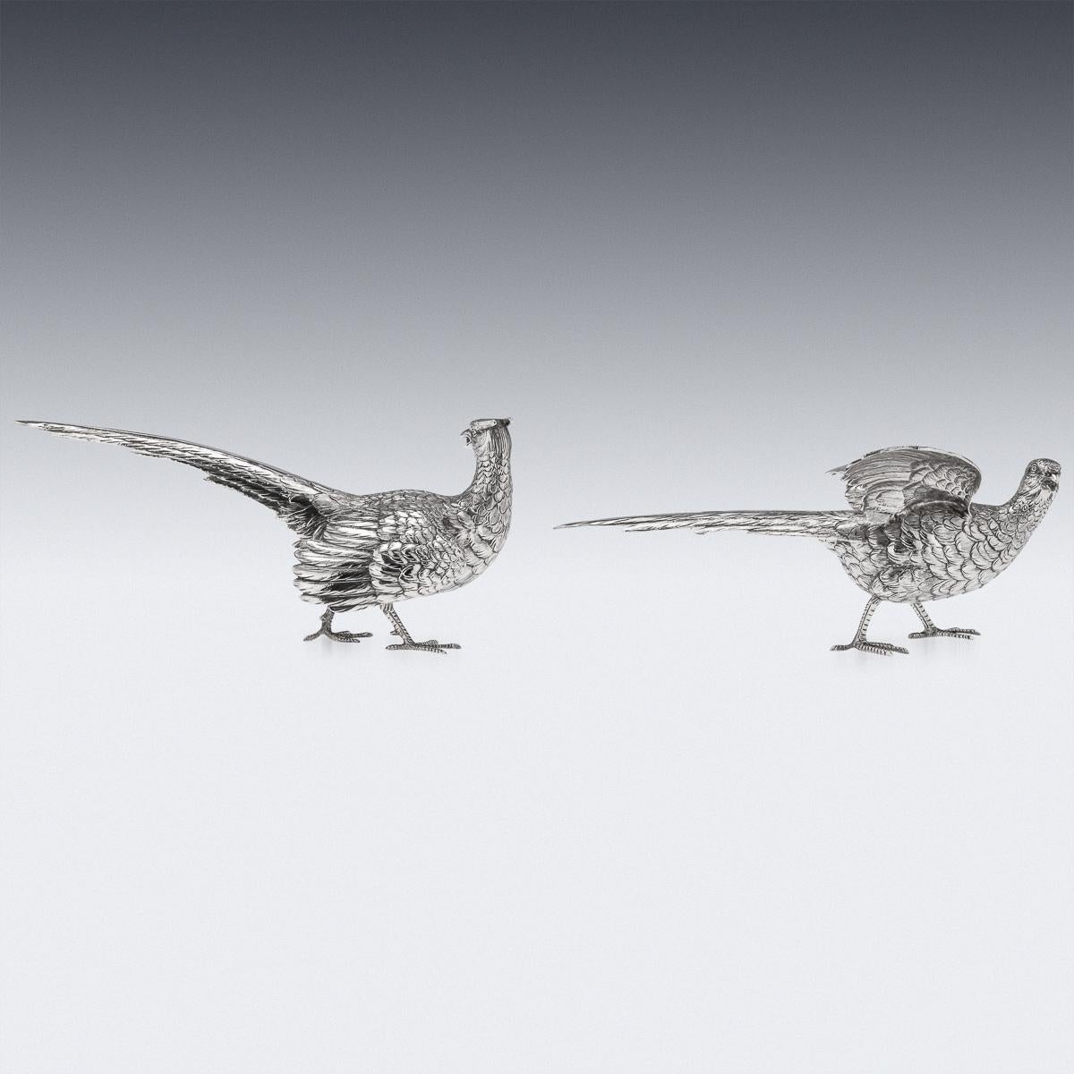 20th Century Solid Silver Pair of Pheasant Ornamental Statues, c.1965 In Good Condition In Royal Tunbridge Wells, Kent