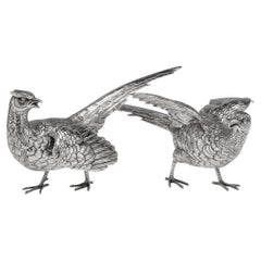 20th Century Solid Silver Pair of Pheasant Ornamental Statues, c.1965