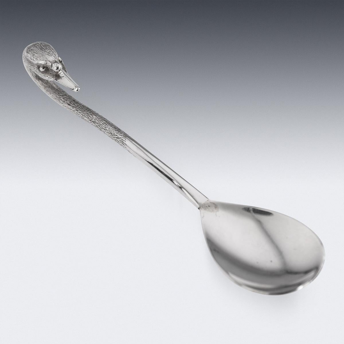 20th Century Solid Silver Swan Shaped Salt & Spoon, London, c.1992 For Sale 5