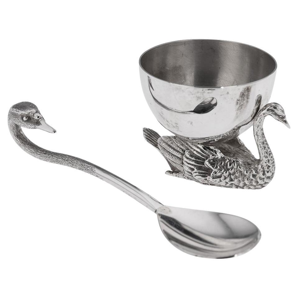 20th Century Solid Silver Swan Shaped Salt & Spoon, London, c.1992 For Sale
