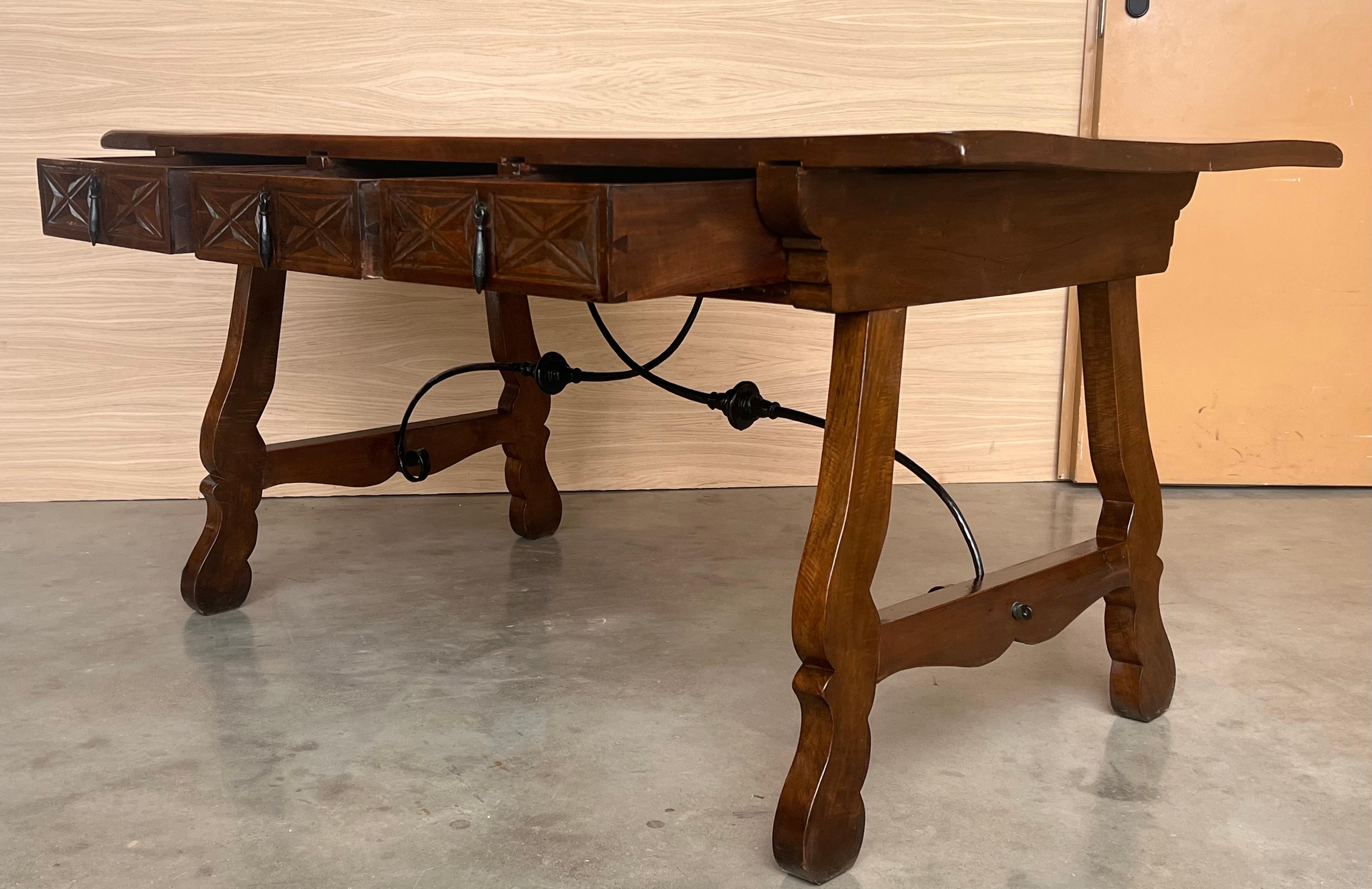 20th Century Solid Walnut Baroque Lyre-Leg Trestle Refectory Desk Writing Table For Sale 5