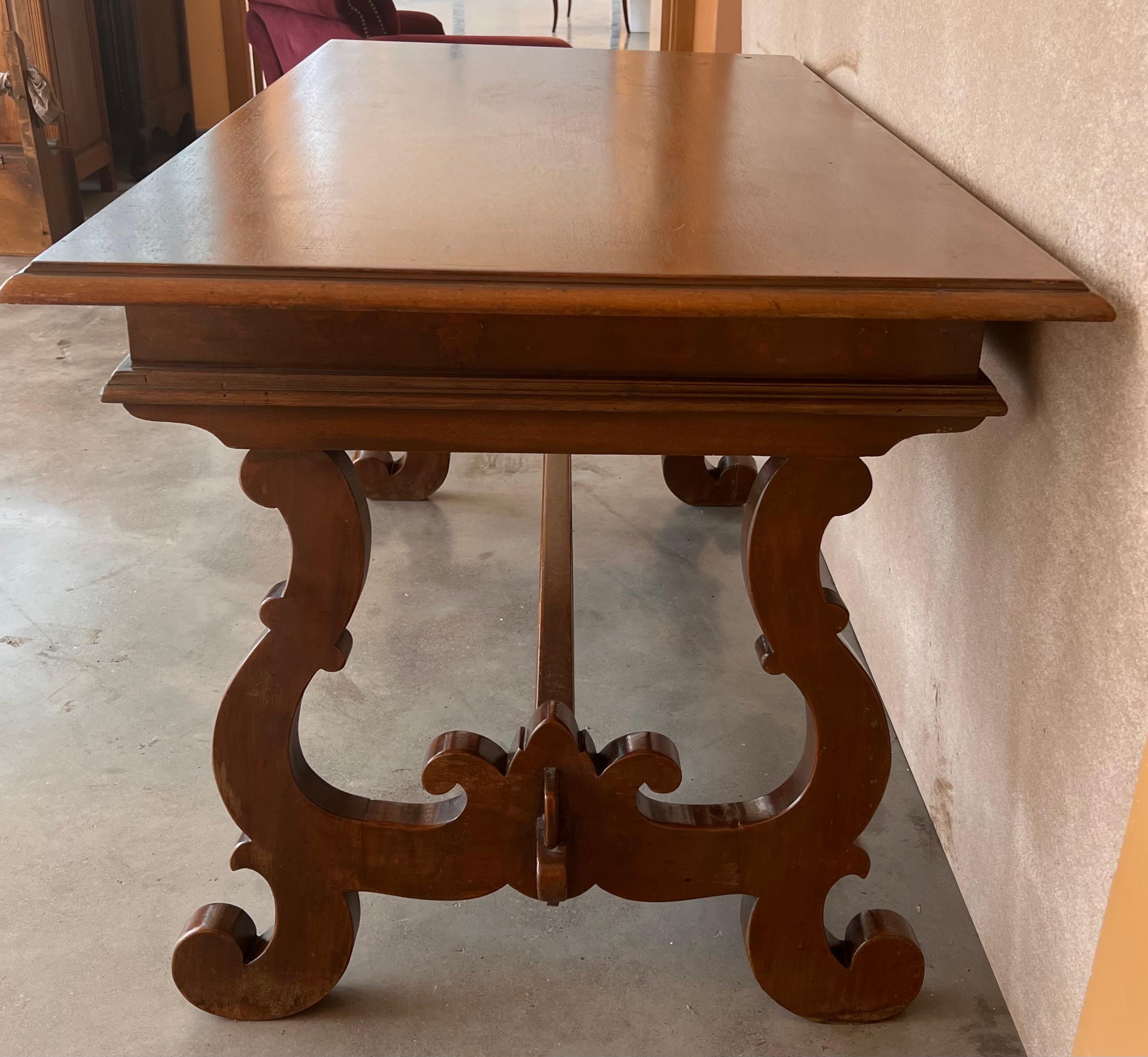 Spanish 20th Century Solid Walnut Baroque Lyre-Leg Trestle Refectory Desk Writing Table For Sale