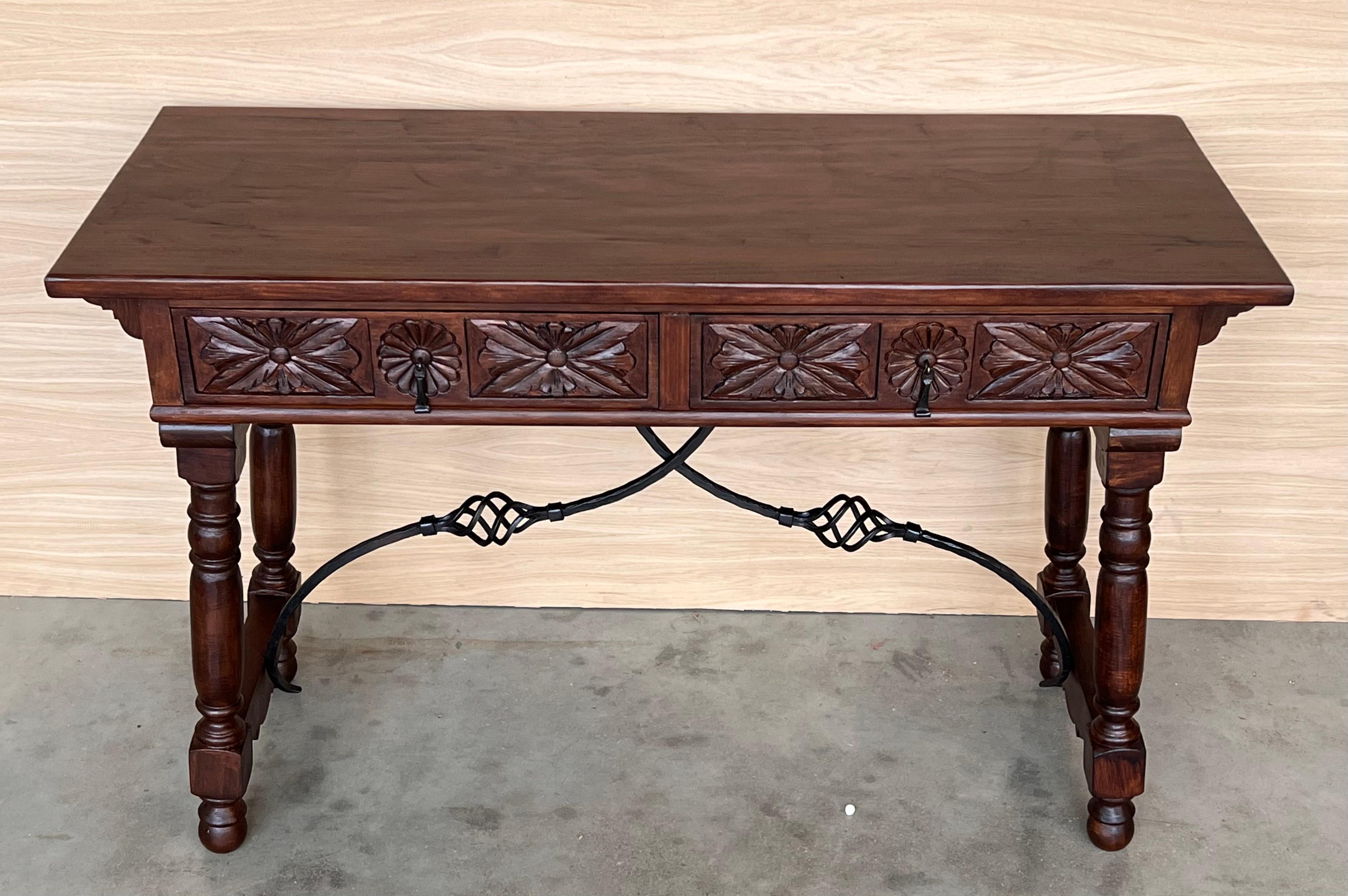20th Century Solid Walnut Baroque Lyre-Leg Trestle Refectory Desk Writing Table In Good Condition For Sale In Miami, FL