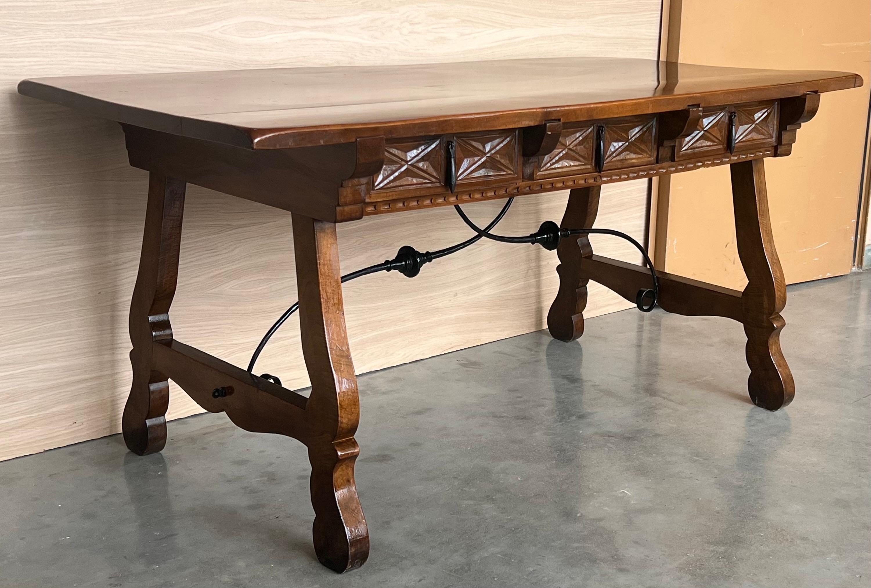 Iron 20th Century Solid Walnut Baroque Lyre-Leg Trestle Refectory Desk Writing Table For Sale
