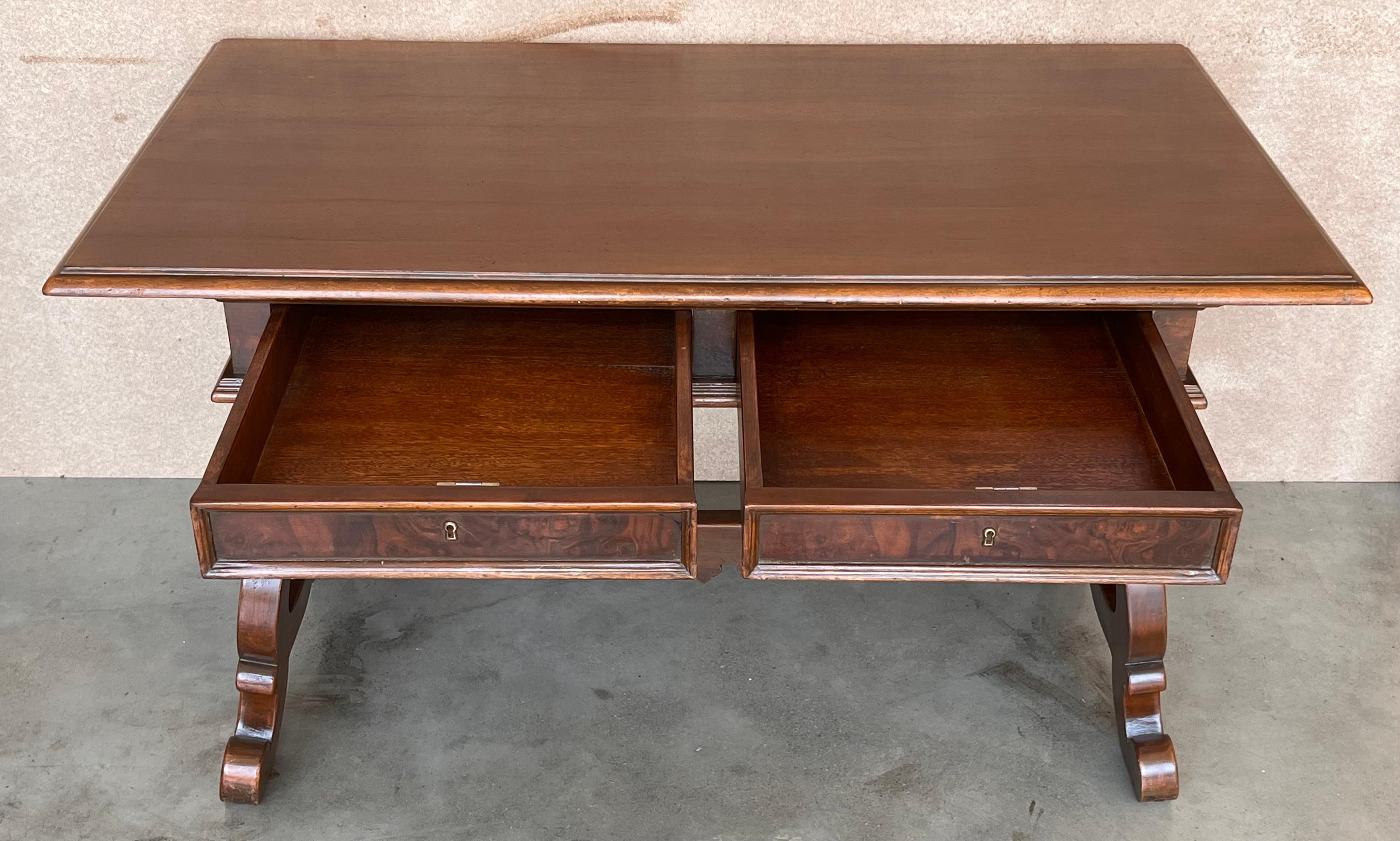 20th Century Solid Walnut Baroque Lyre-Leg Trestle Refectory Desk Writing Table For Sale 1