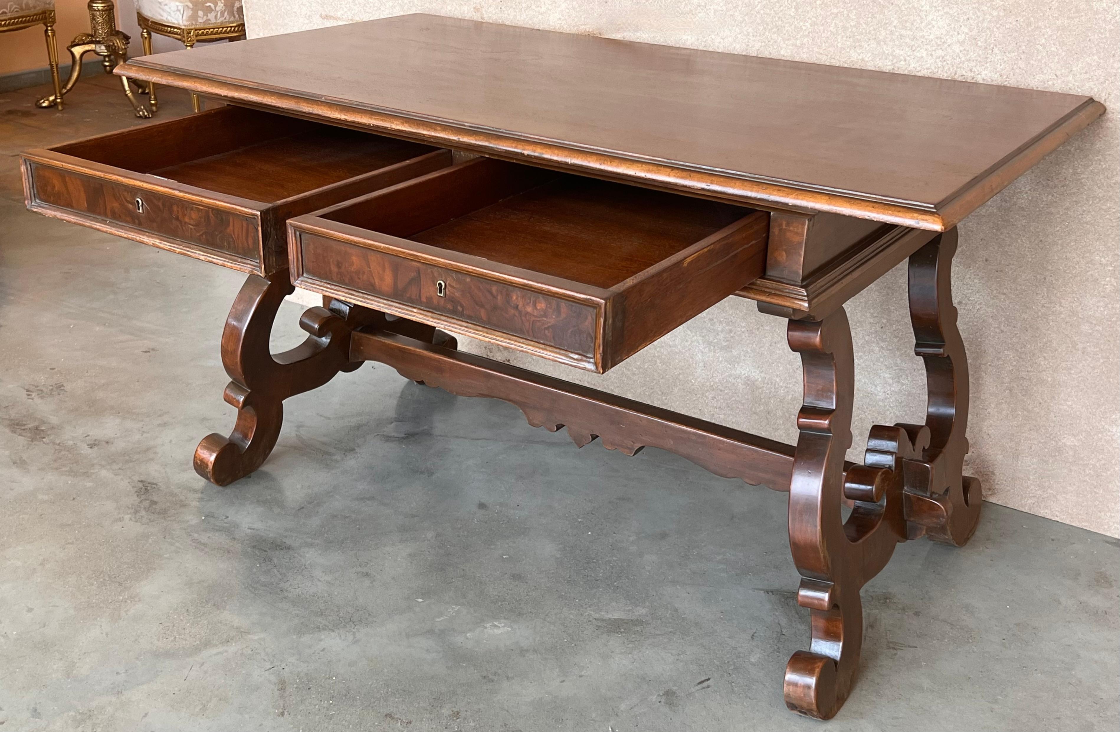 20th Century Solid Walnut Baroque Lyre-Leg Trestle Refectory Desk Writing Table For Sale 2