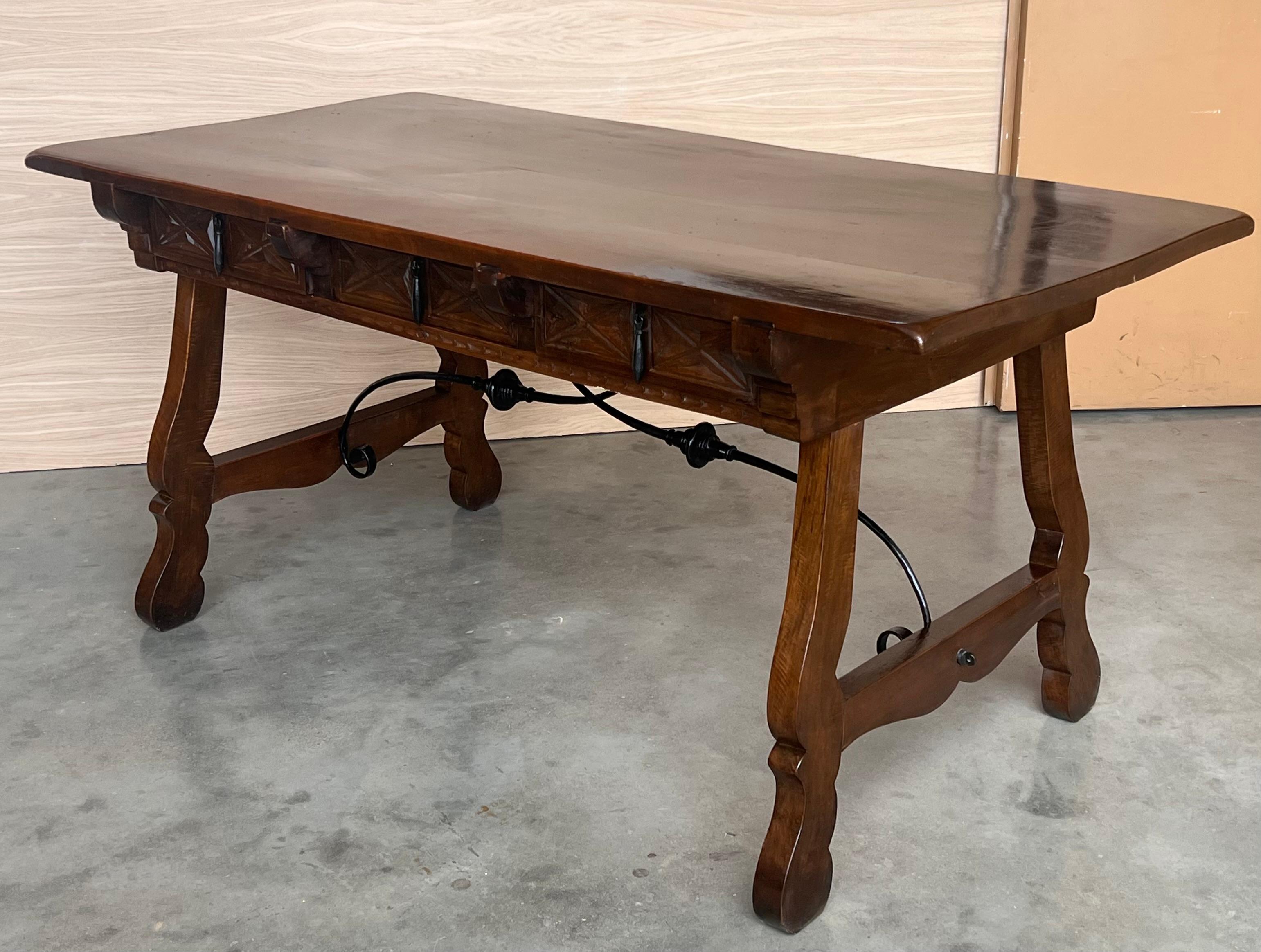 20th Century Solid Walnut Baroque Lyre-Leg Trestle Refectory Desk Writing Table For Sale 3
