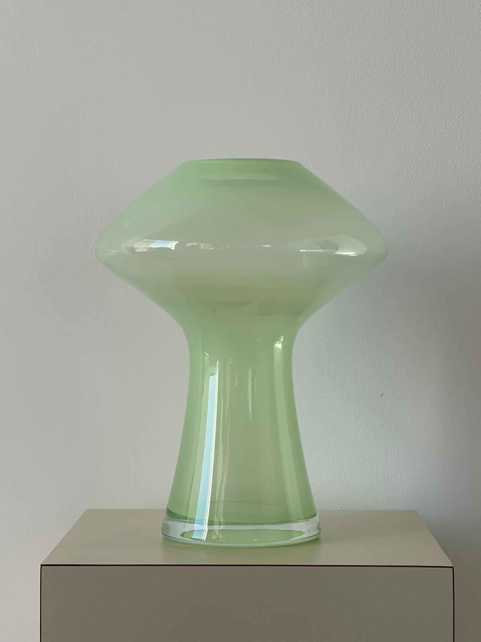 20th Century Space Age Blown glass vase. Expertly blown green glass made in Italy. Unique space age shape and beautiful lime green transparent glass.