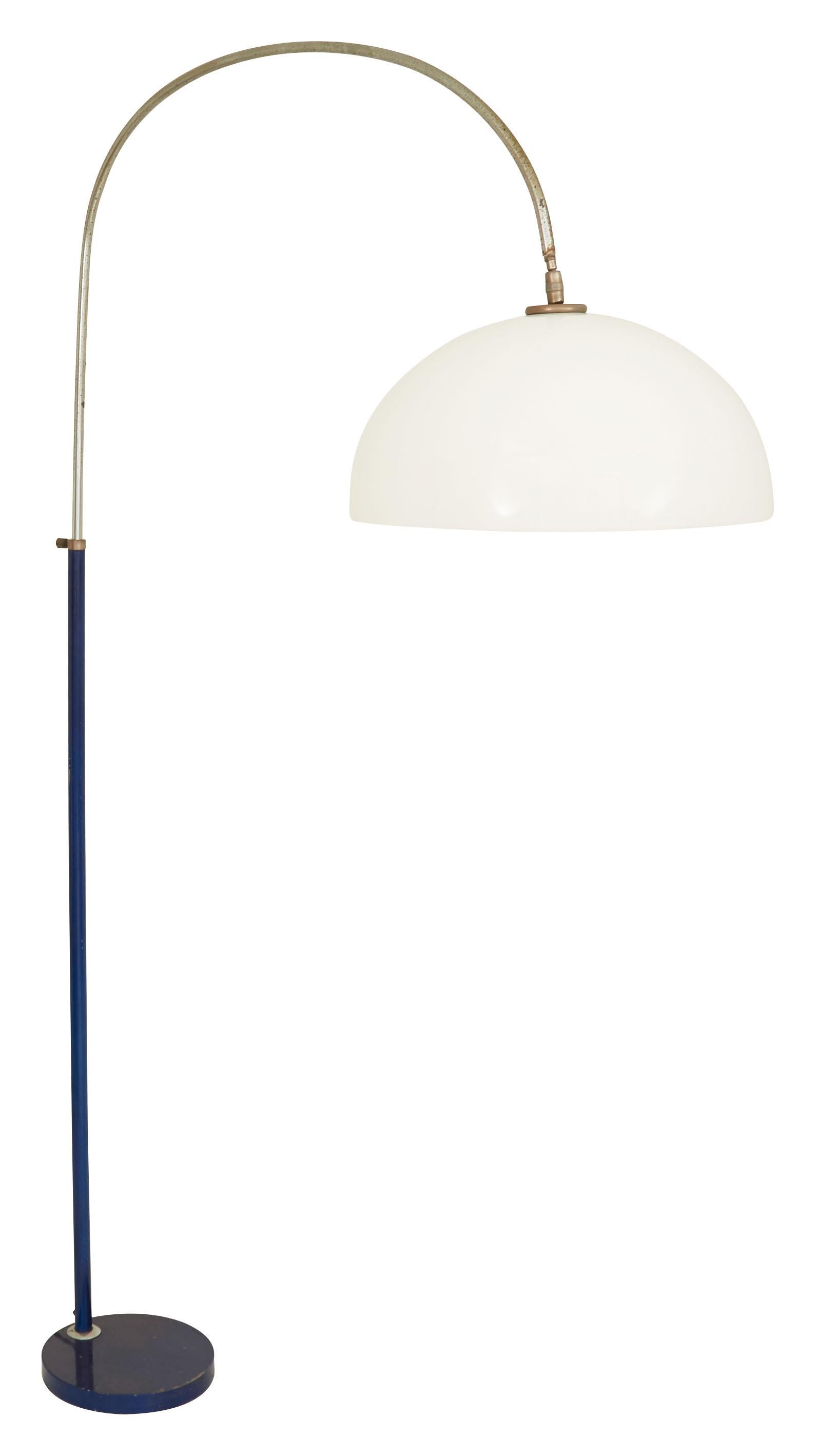 • Blue and silver metal base
• White plastic shade
• Adjustable height
• Rewired with brown twisted rayon cord
• 20th century
• Spain

Dimensions:
• Overall 41.5