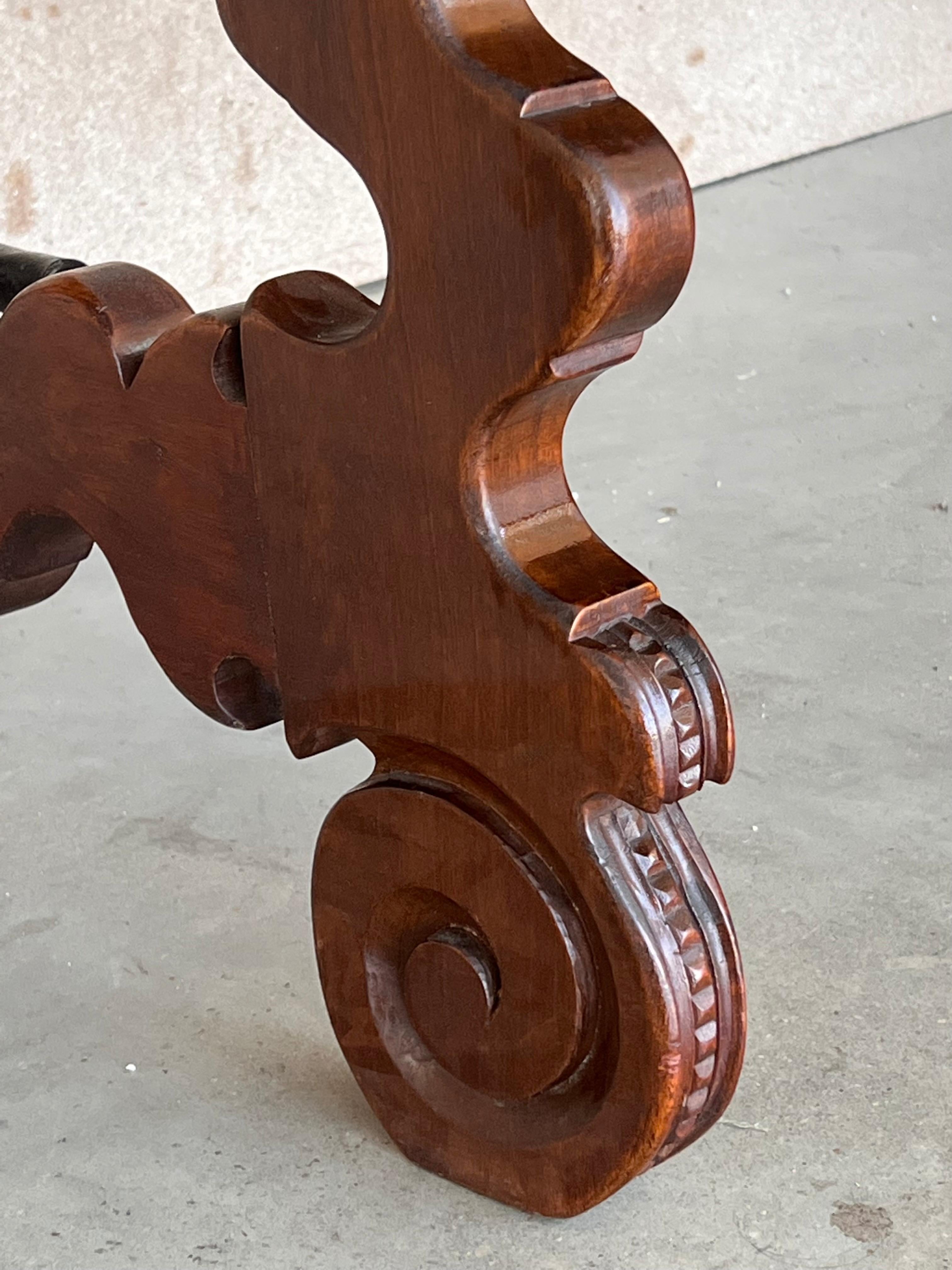 20th Century Spanish Baroque Carved Walnut Lyre Legs Trestle Dining Farm Table For Sale 9