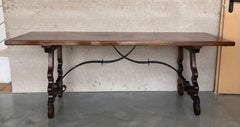 20th Century Spanish Baroque Carved Walnut Lyre Legs Trestle Dining Farm Table