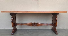 20th Century Spanish Baroque Carved Walnut Lyre Legs Trestle Dining Farm Table