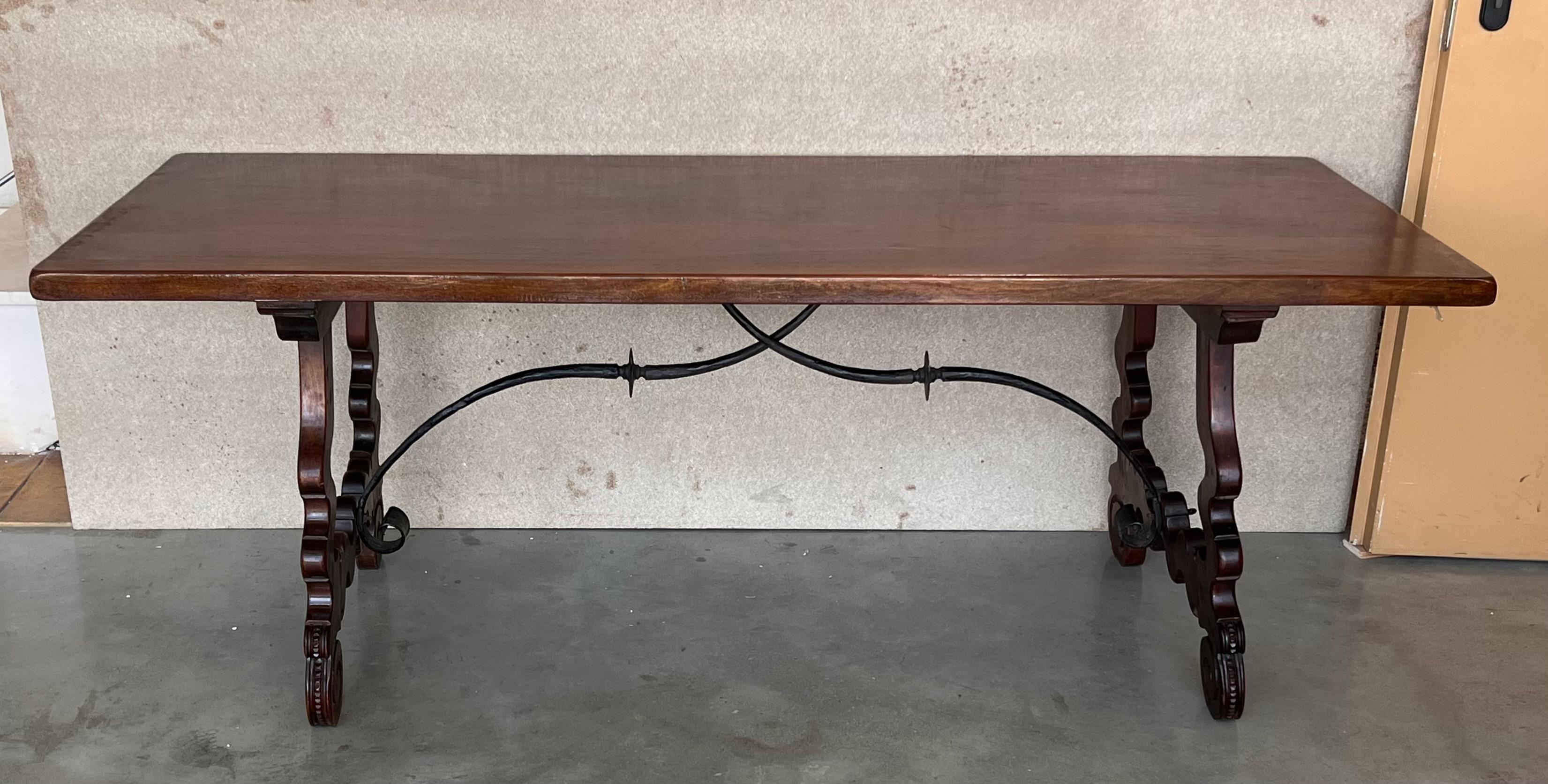 Early 20th Century 20th Century Spanish Baroque Carved Walnut Lyre Legs Trestle Dining Farm Table For Sale