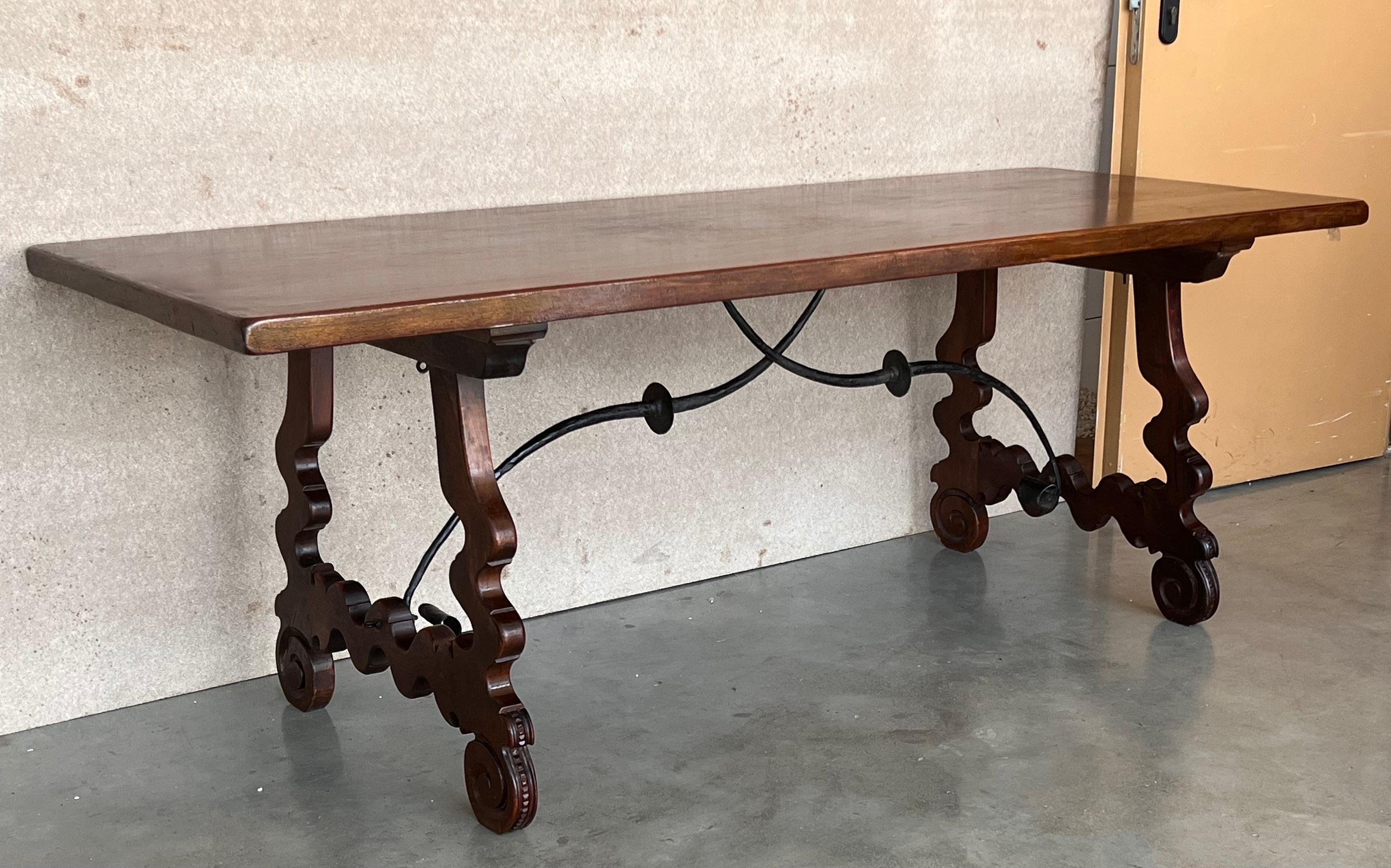 Iron 20th Century Spanish Baroque Carved Walnut Lyre Legs Trestle Dining Farm Table For Sale