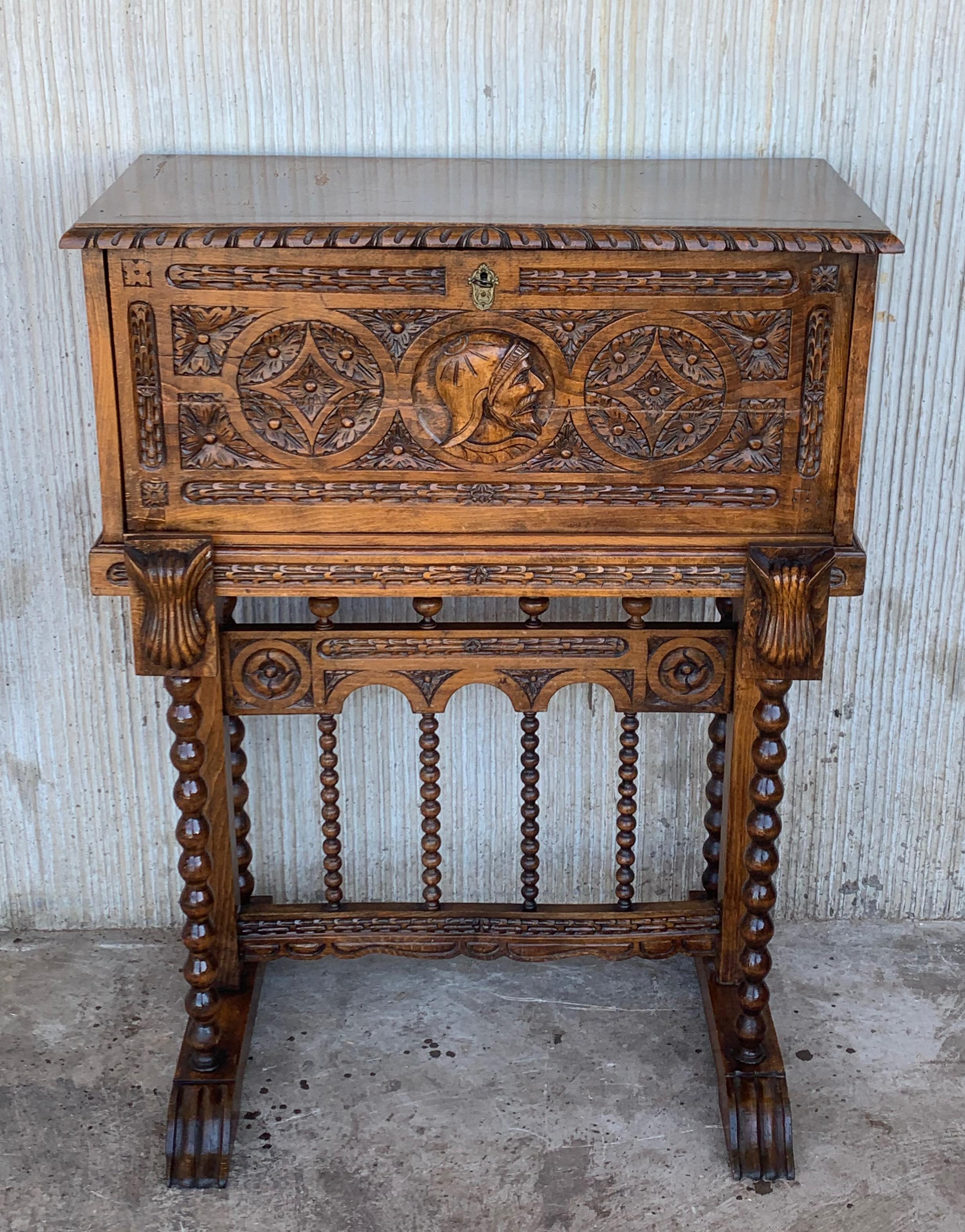 Hand-Carved 20th Century Spanish Baroque Style Cabinet on Stand, Bargueno or Varqueno