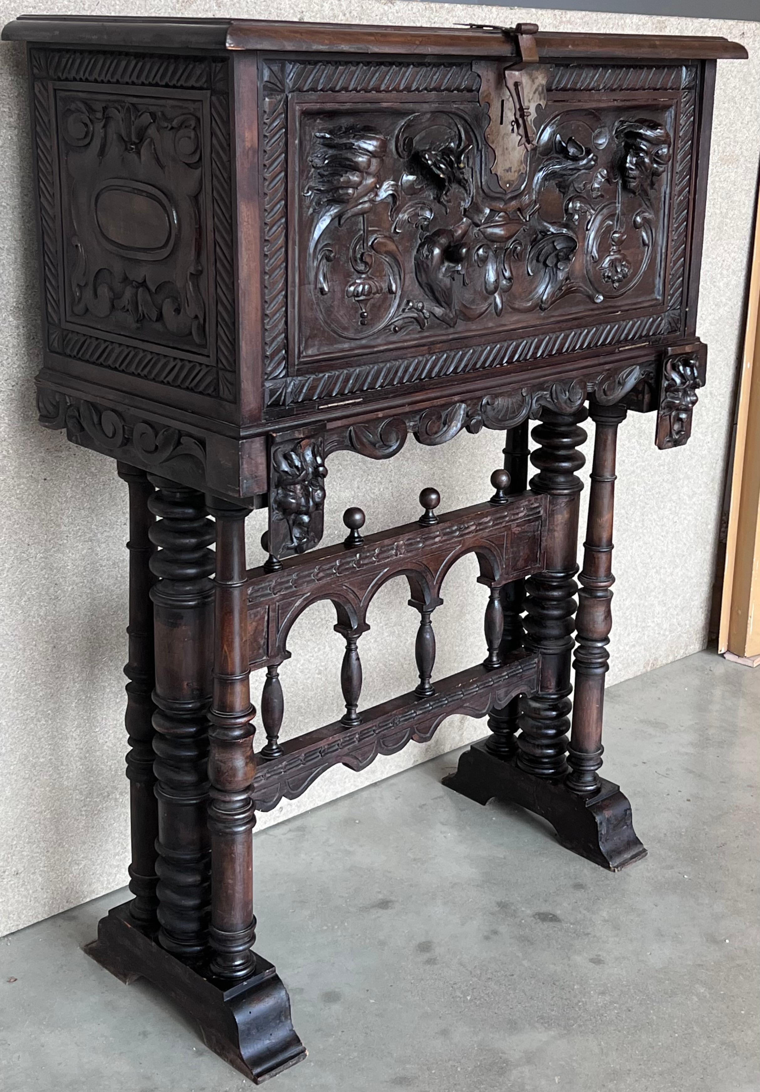 Hand-Carved 20th Century Spanish Baroque Style Cabinet on Stand, Bargueno or Varqueno For Sale