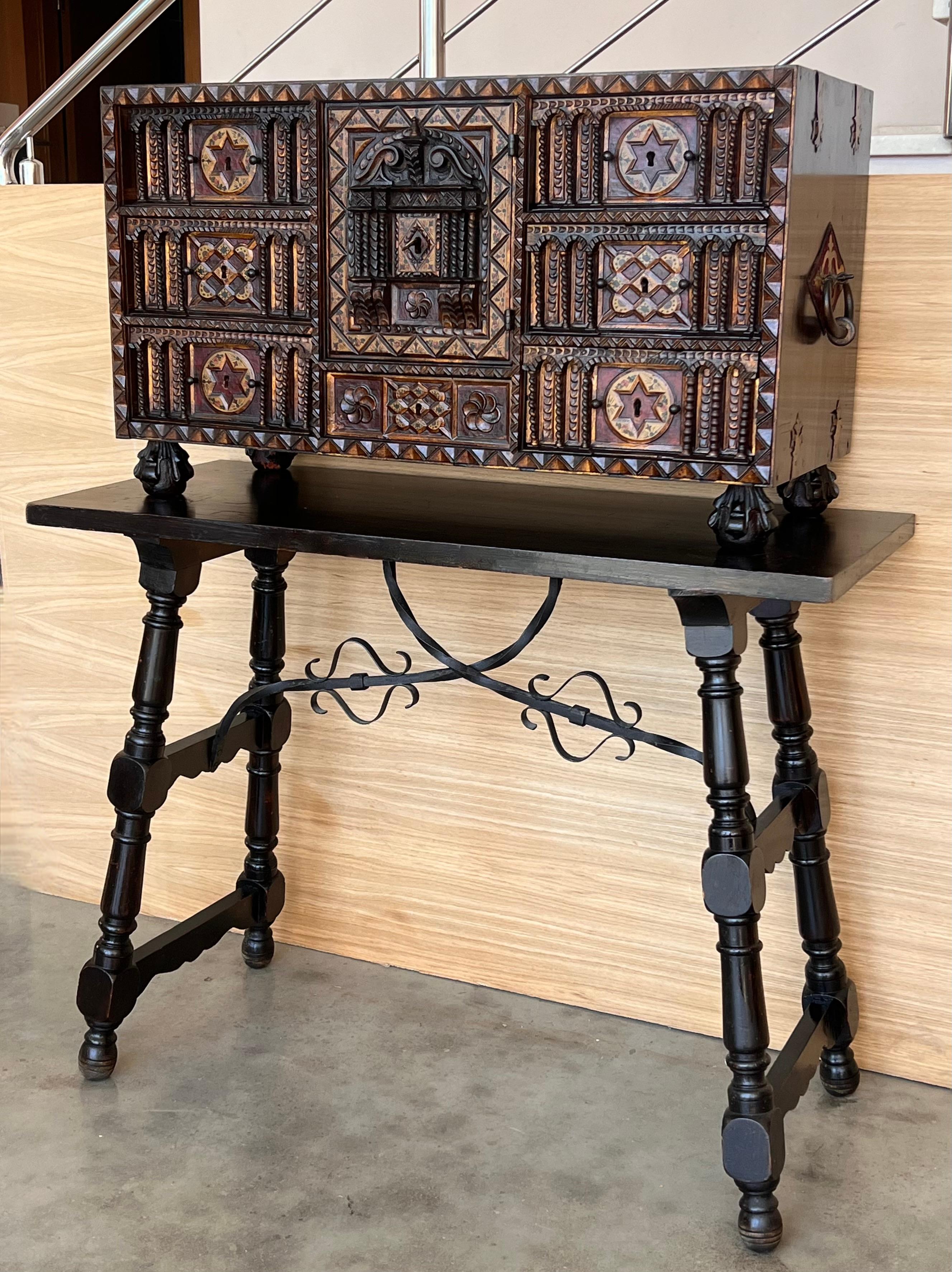 Hand-Carved 20th Century Spanish Baroque Style Cabinet on Stand, Bargueno or Varqueno