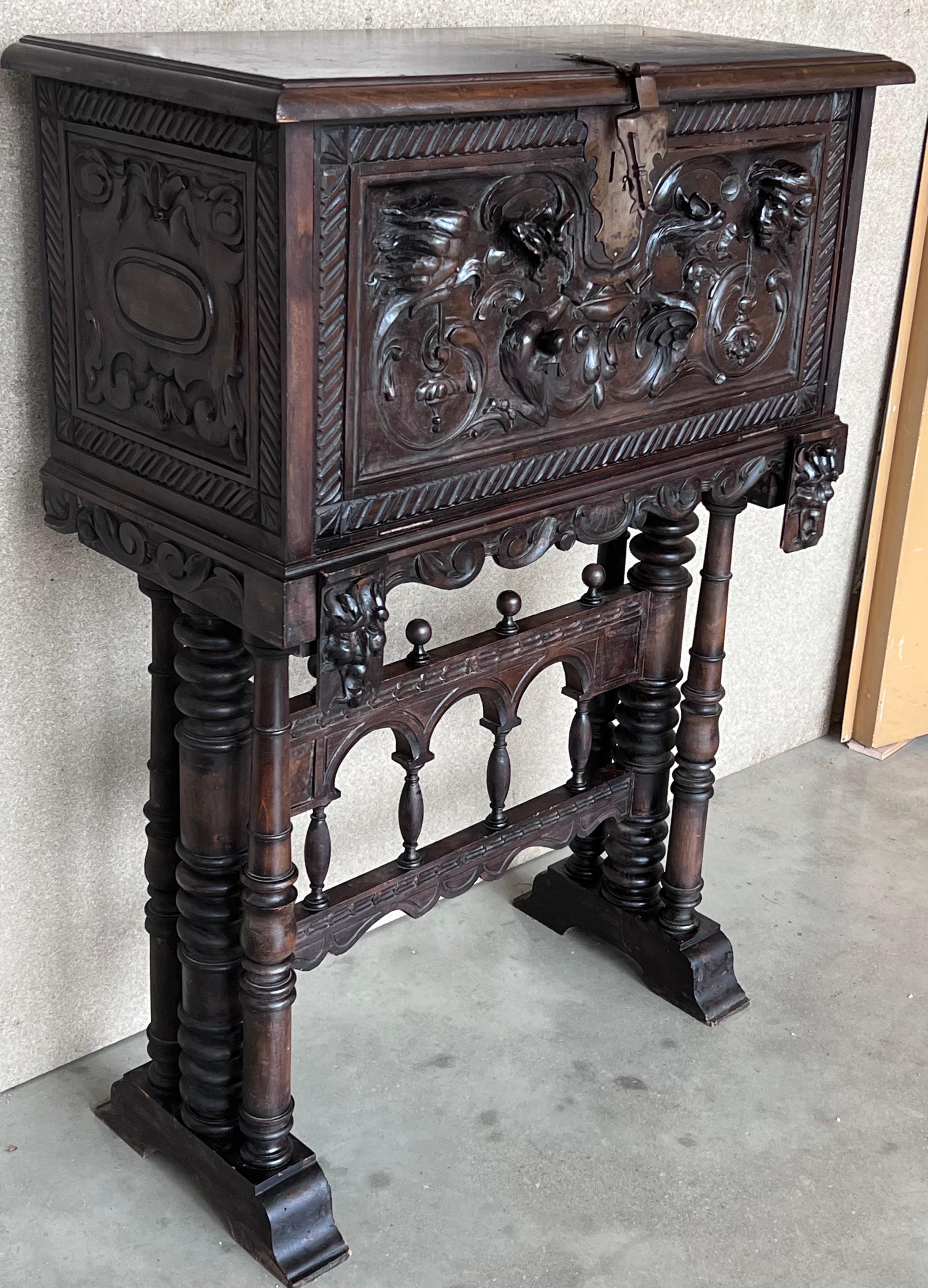20th Century Spanish Baroque Style Cabinet on Stand, Bargueno or Varqueno In Good Condition For Sale In Miami, FL