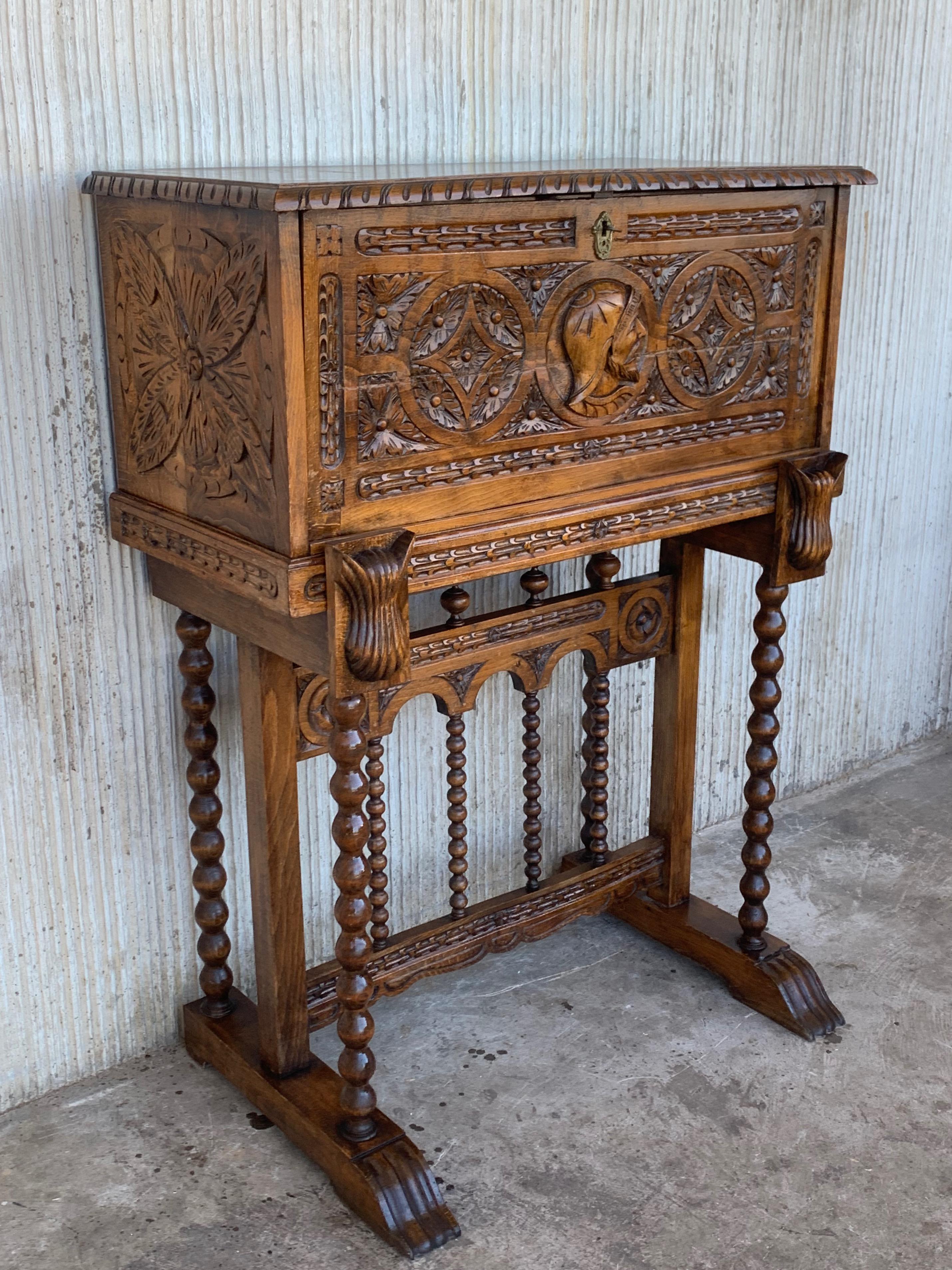 Walnut 20th Century Spanish Baroque Style Cabinet on Stand, Bargueno or Varqueno