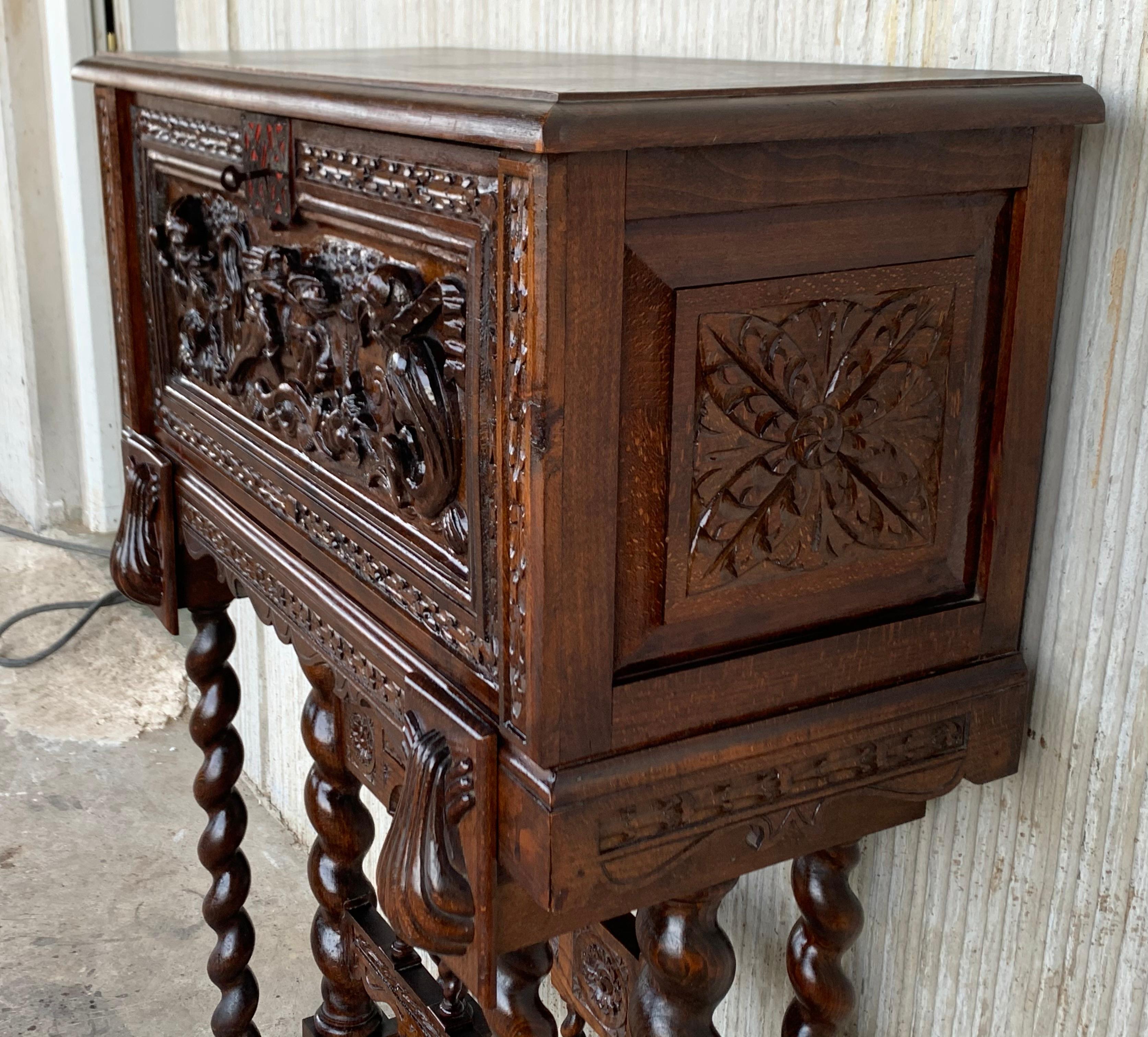 Iron 20th Century Spanish Baroque Style Cabinet on Stand, Bargueno or Varqueno For Sale
